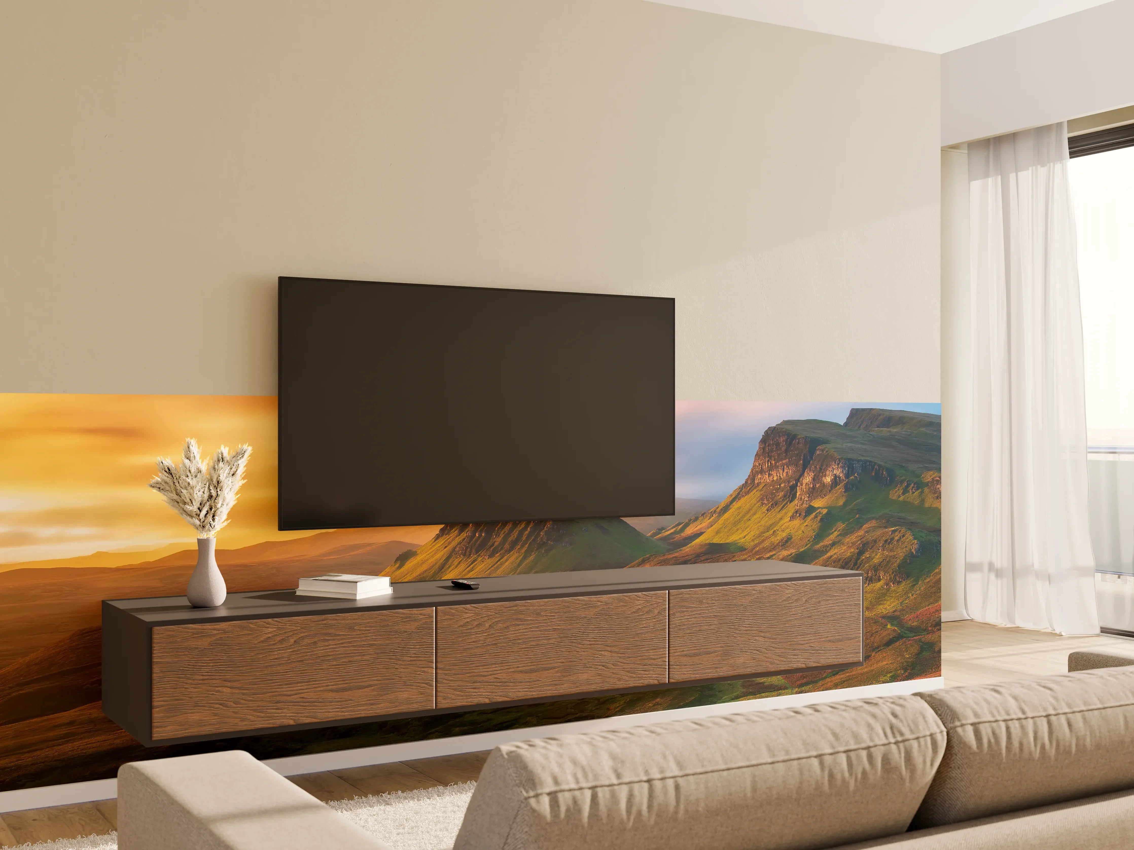 Wandverkleidung Wohnzimmer - Beeindruckende Landschaft bei Sonnenuntergang