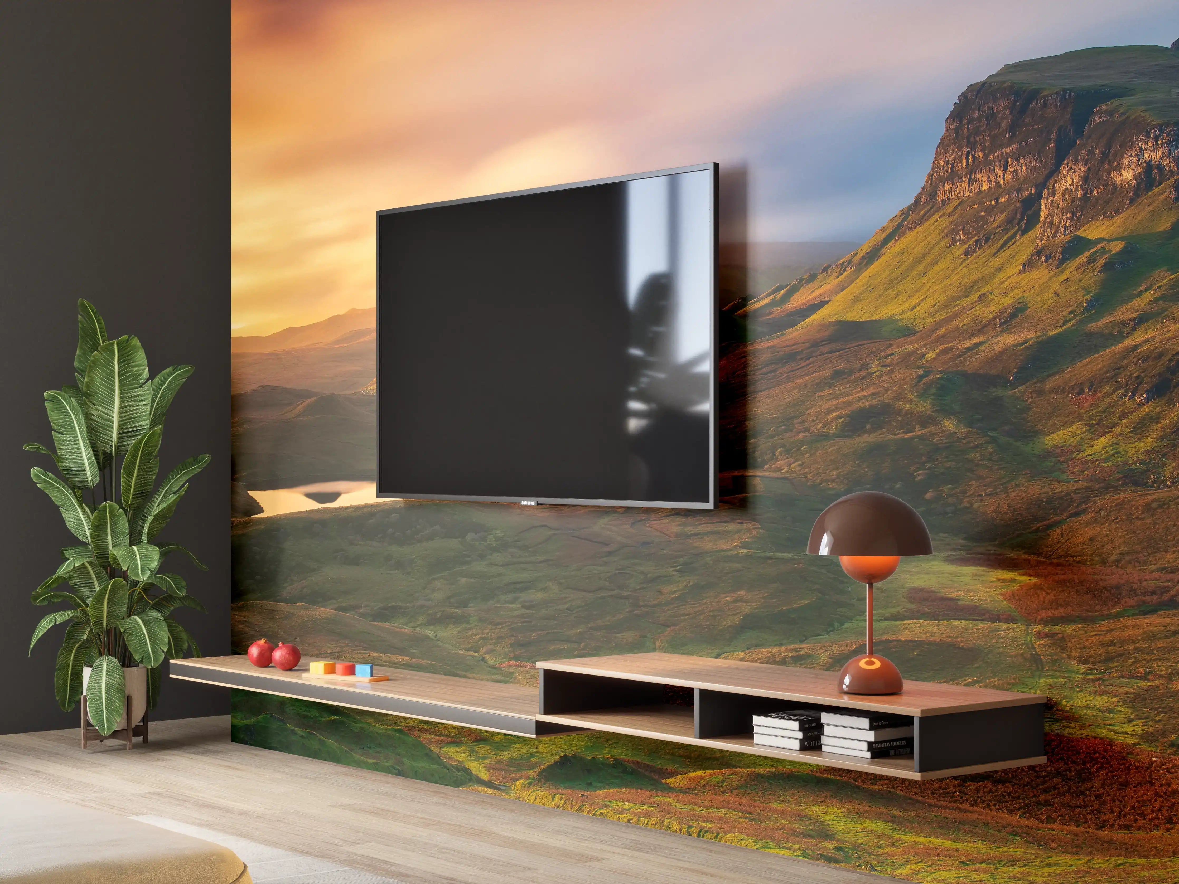 Wandverkleidung Wohnzimmer - Beeindruckende Landschaft bei Sonnenuntergang