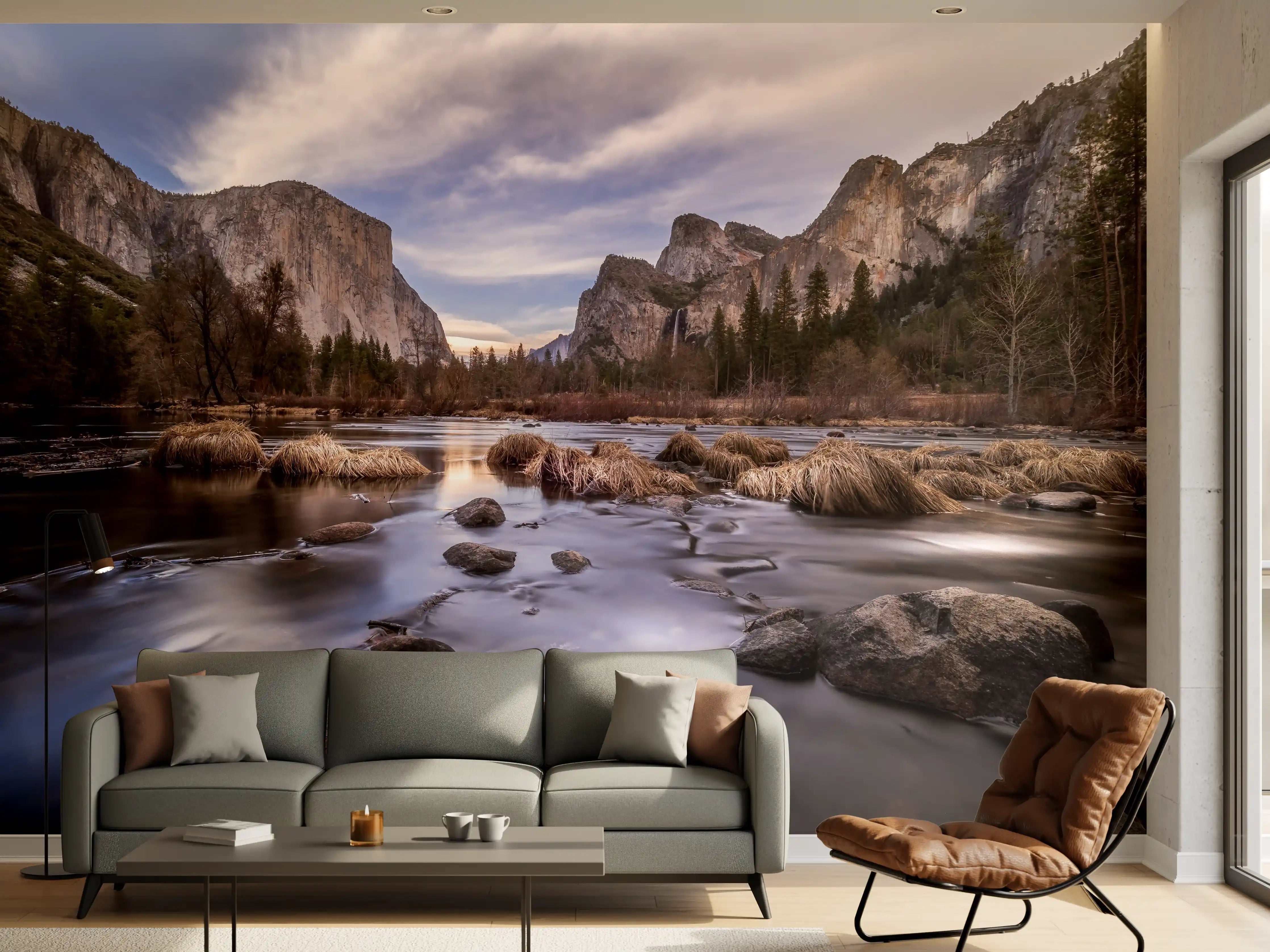 Wandverkleidung Wohnzimmer - Beeindruckende Naturaufnahme mit Fluss und Bergen