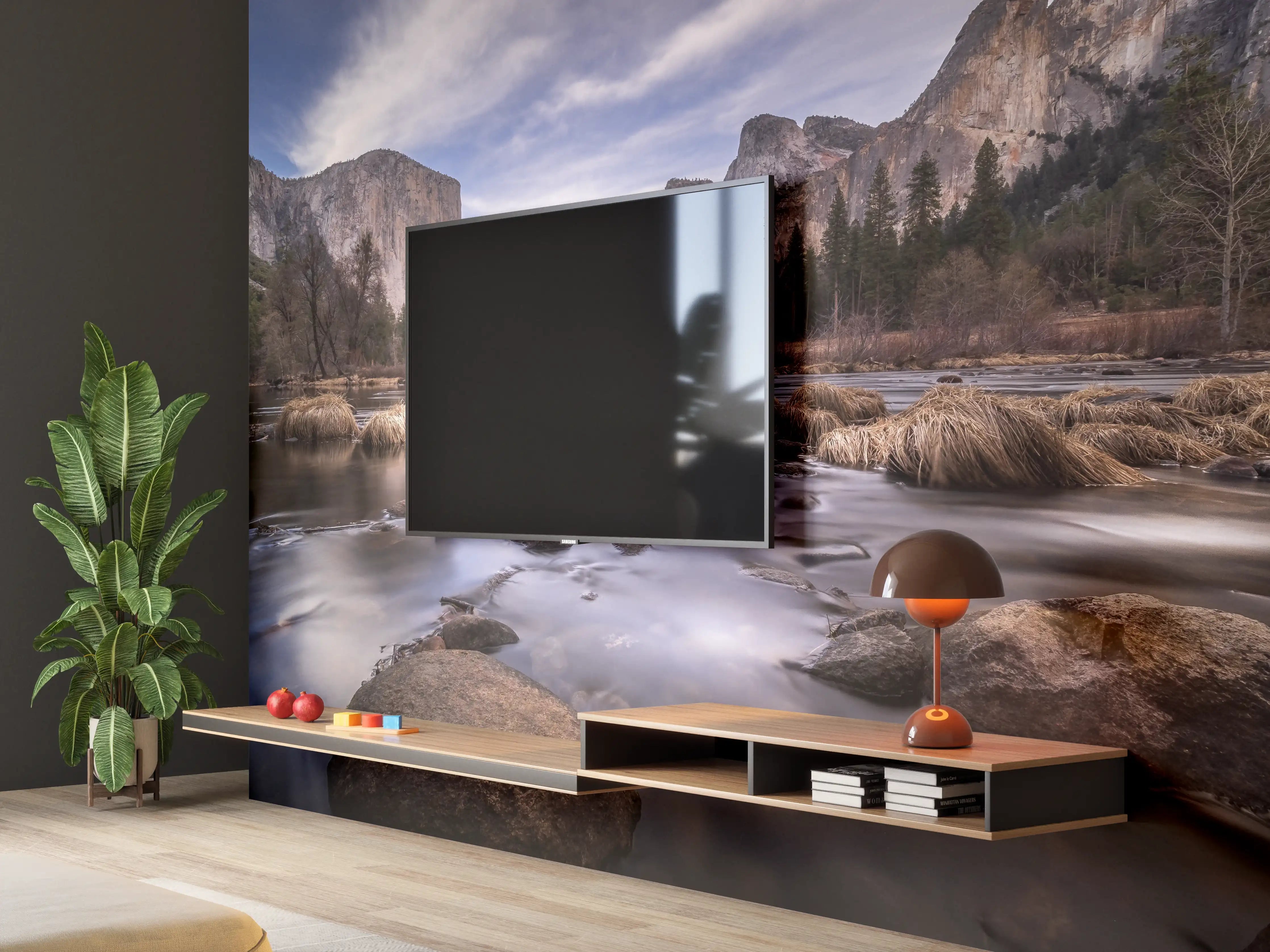 Wandverkleidung Wohnzimmer - Beeindruckende Naturaufnahme mit Fluss und Bergen