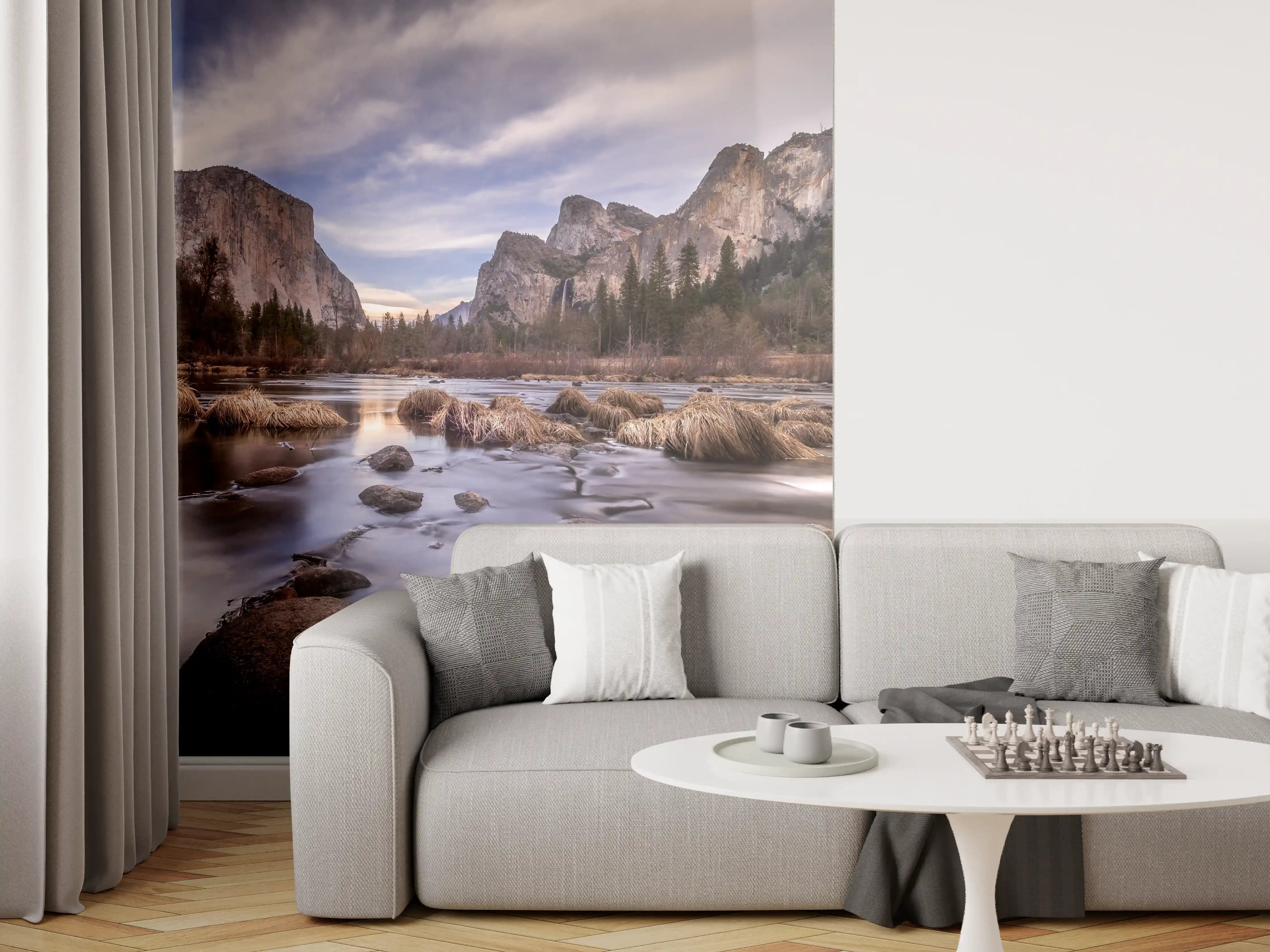 Wandverkleidung Wohnzimmer - Beeindruckende Naturaufnahme mit Fluss und Bergen