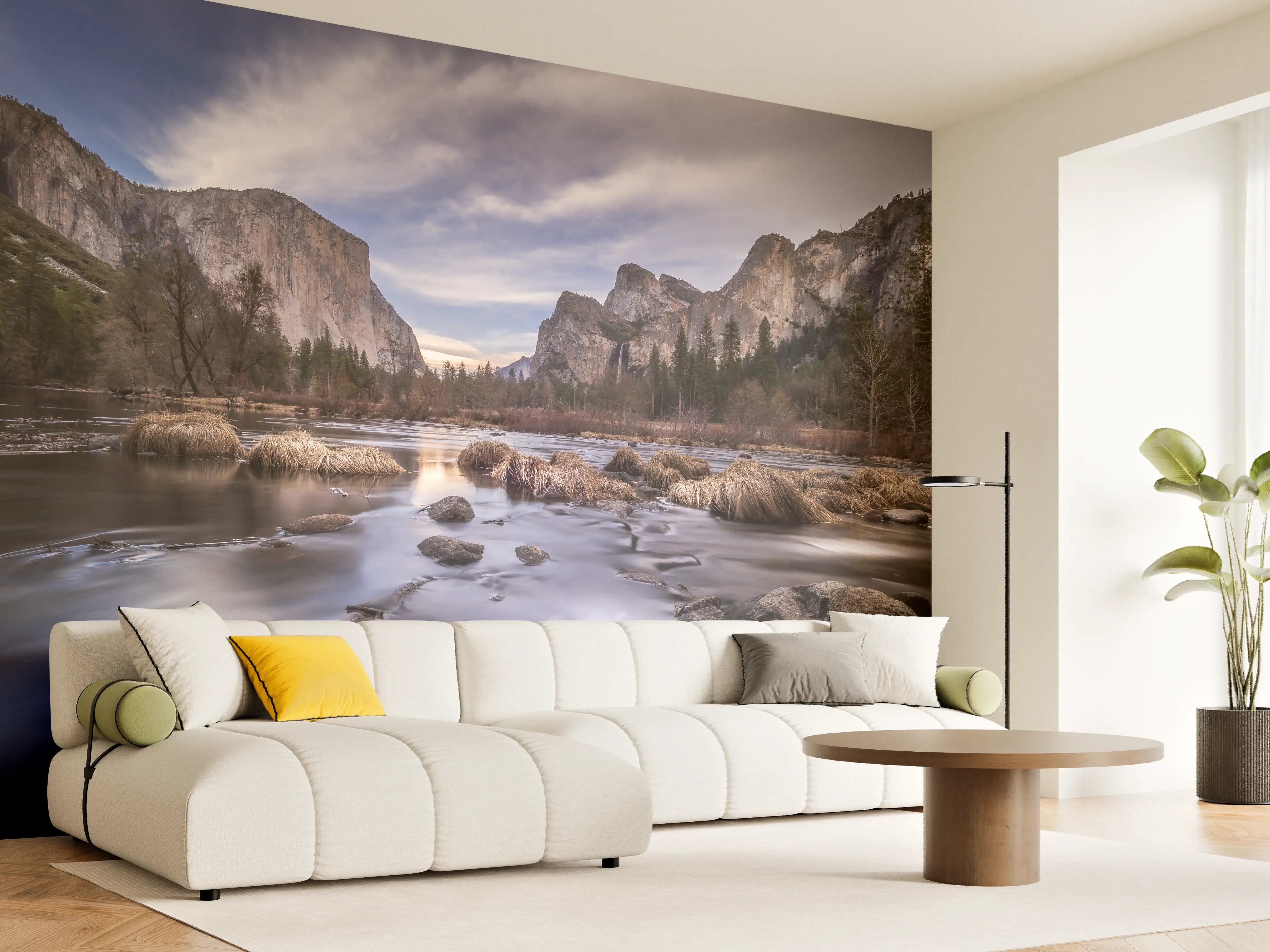 Wandverkleidung Wohnzimmer - Beeindruckende Naturaufnahme mit Fluss und Bergen