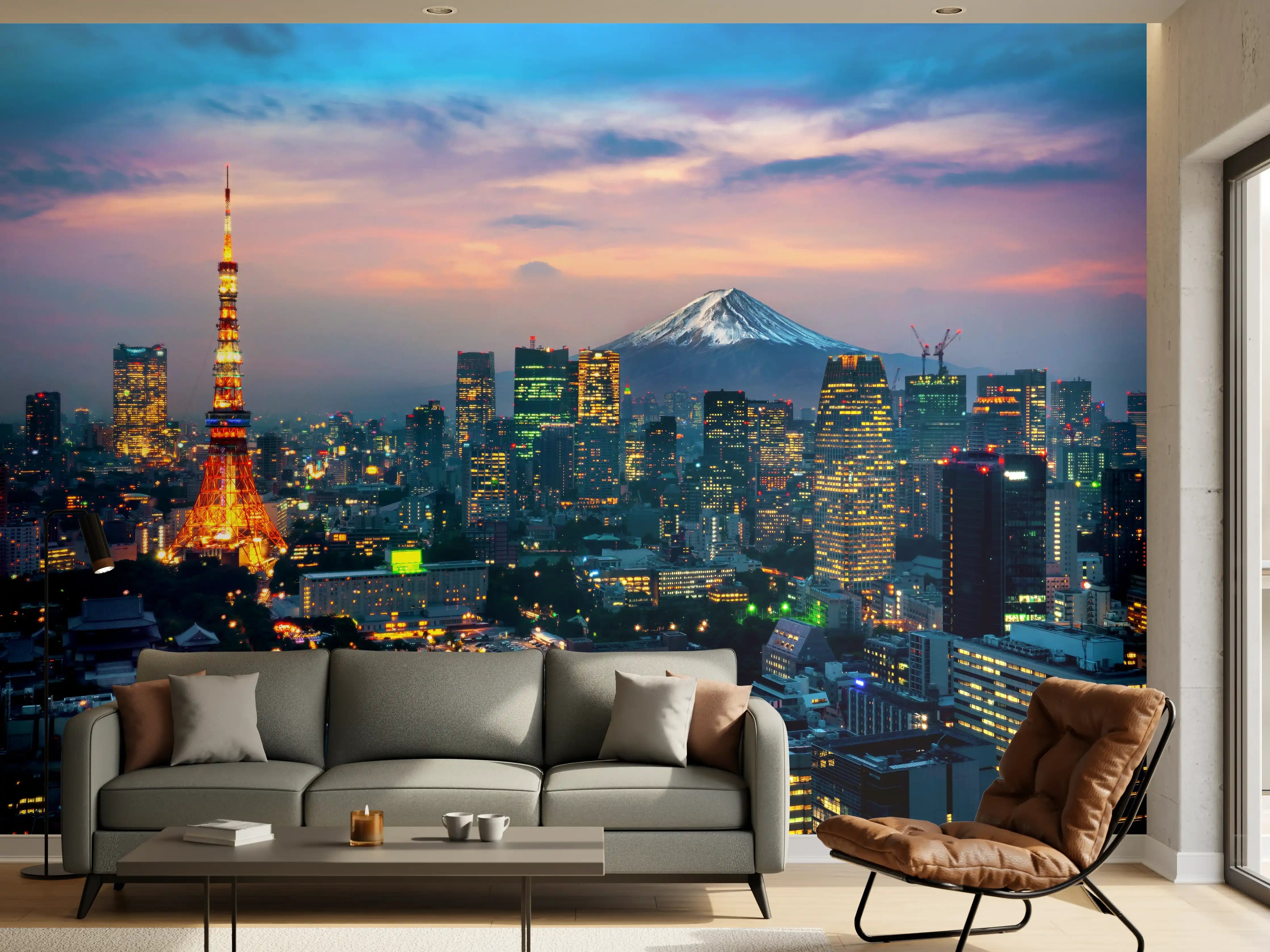 Wandverkleidung Wohnzimmer - Beeindruckende Tokyo Skyline mit Mount Fuji