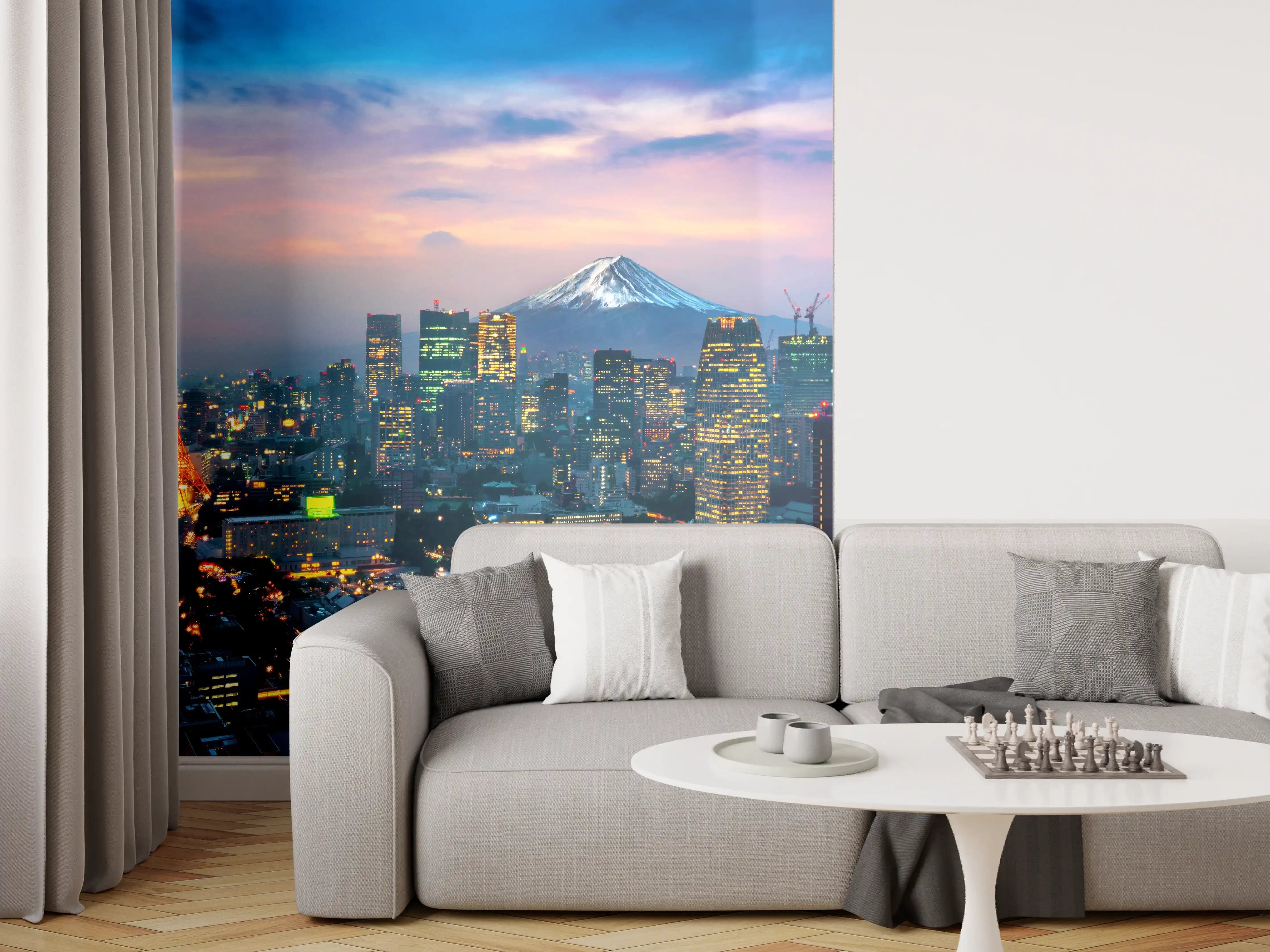 Wandverkleidung Wohnzimmer - Beeindruckende Tokyo Skyline mit Mount Fuji