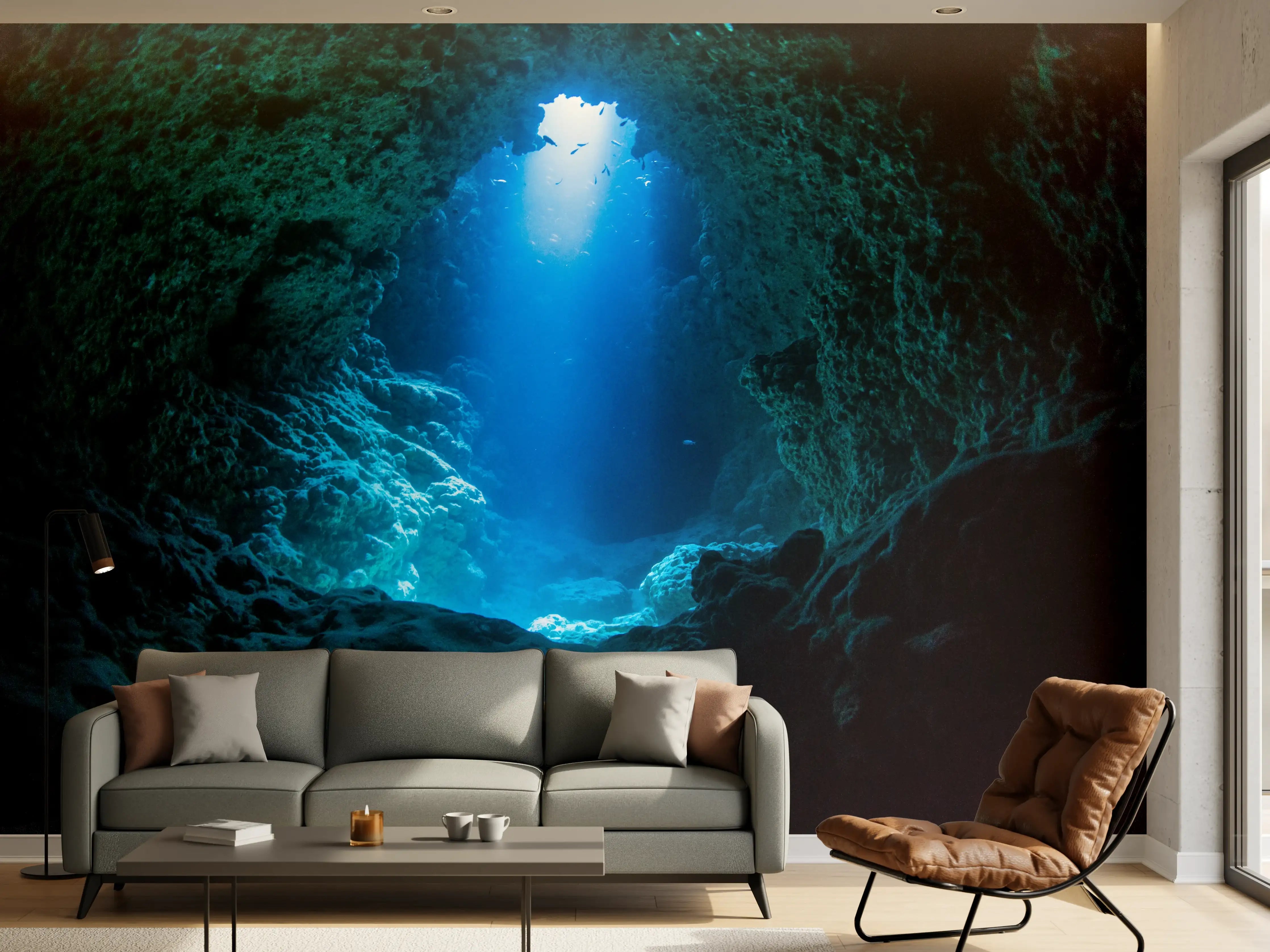 Wandverkleidung Wohnzimmer - Beeindruckende Unterwasserhöhle mit Lichtstrahl