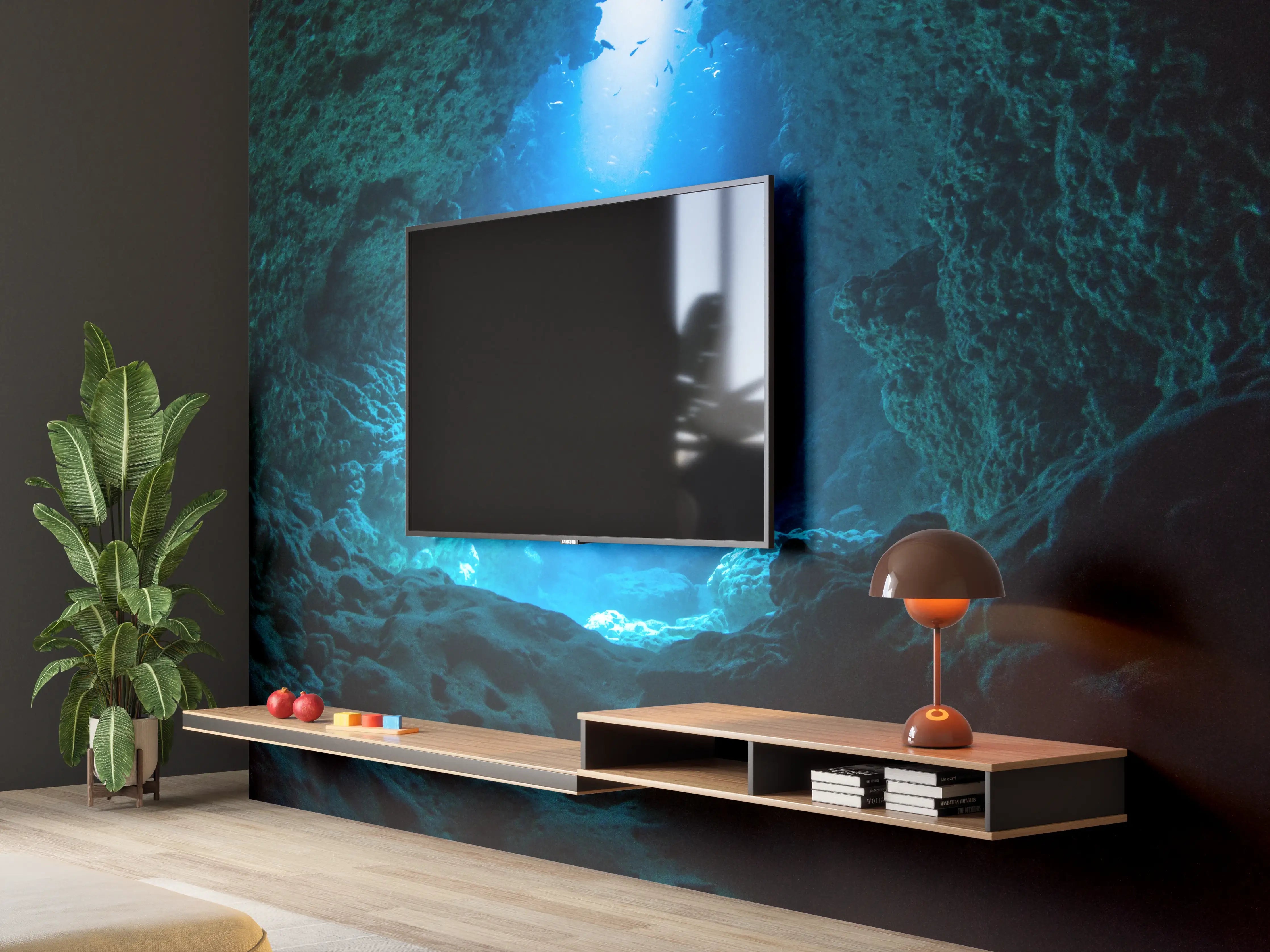 Wandverkleidung Wohnzimmer - Beeindruckende Unterwasserhöhle mit Lichtstrahl
