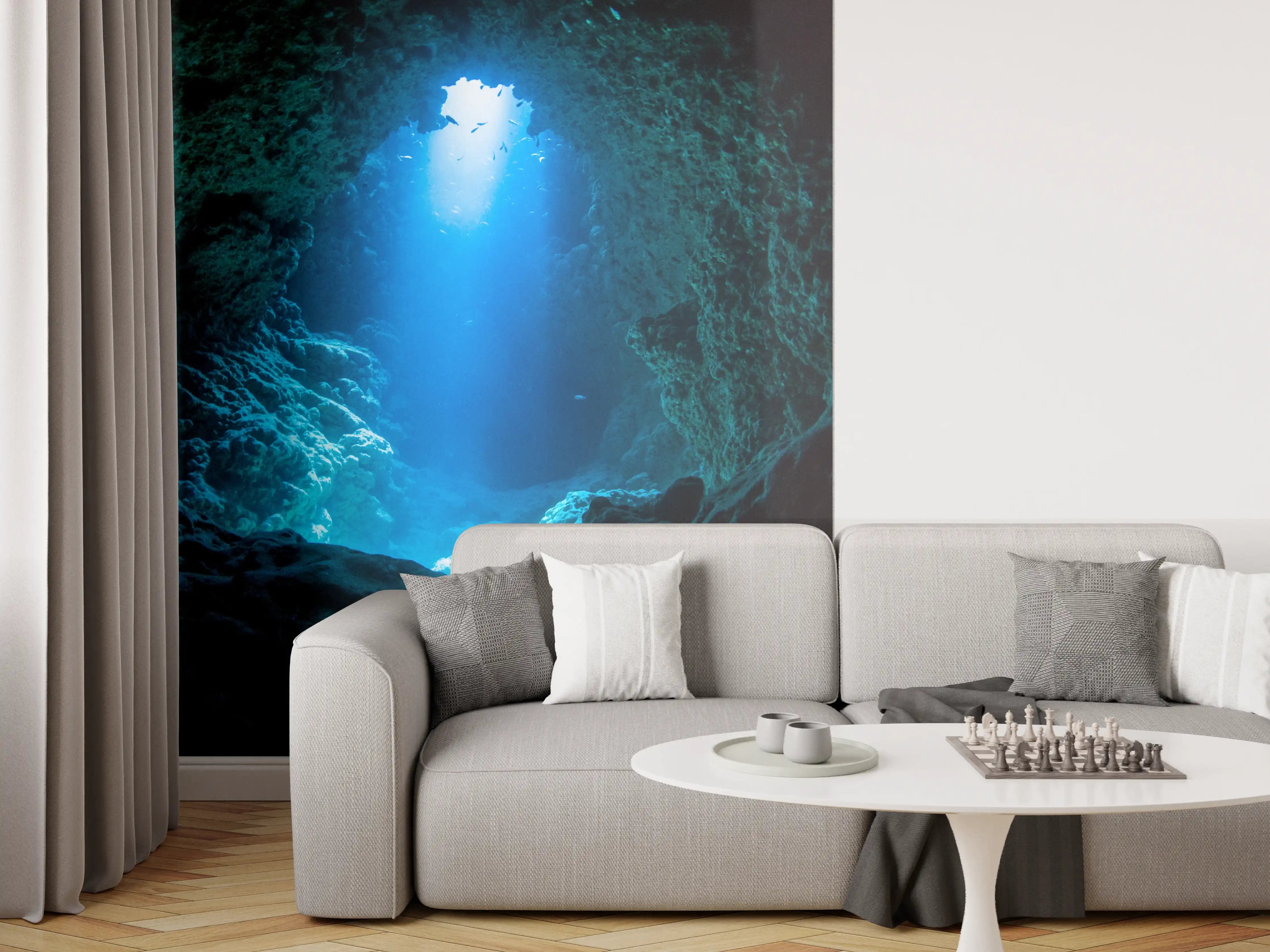 Wandverkleidung Wohnzimmer - Beeindruckende Unterwasserhöhle mit Lichtstrahl