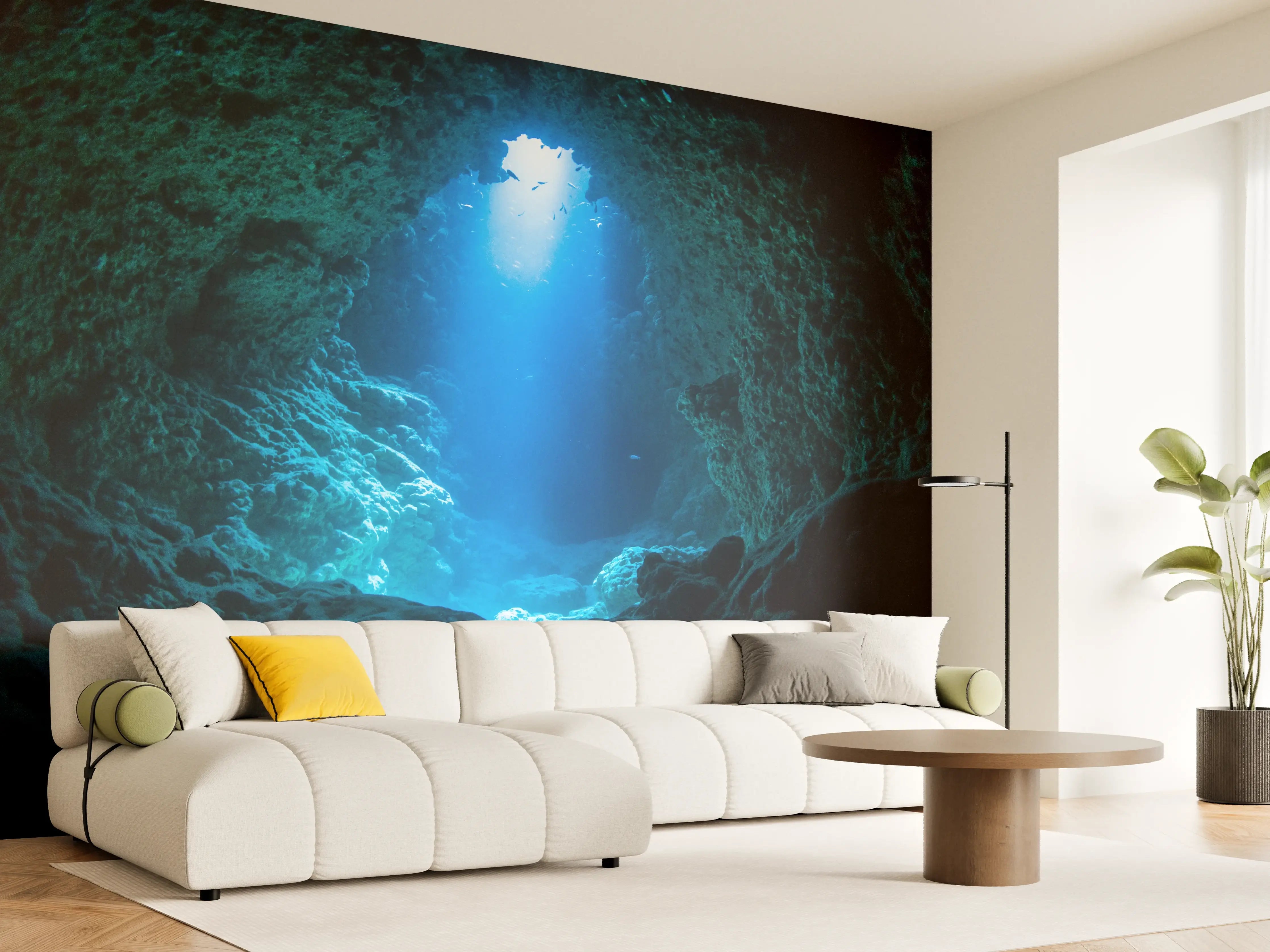 Wandverkleidung Wohnzimmer - Beeindruckende Unterwasserhöhle mit Lichtstrahl