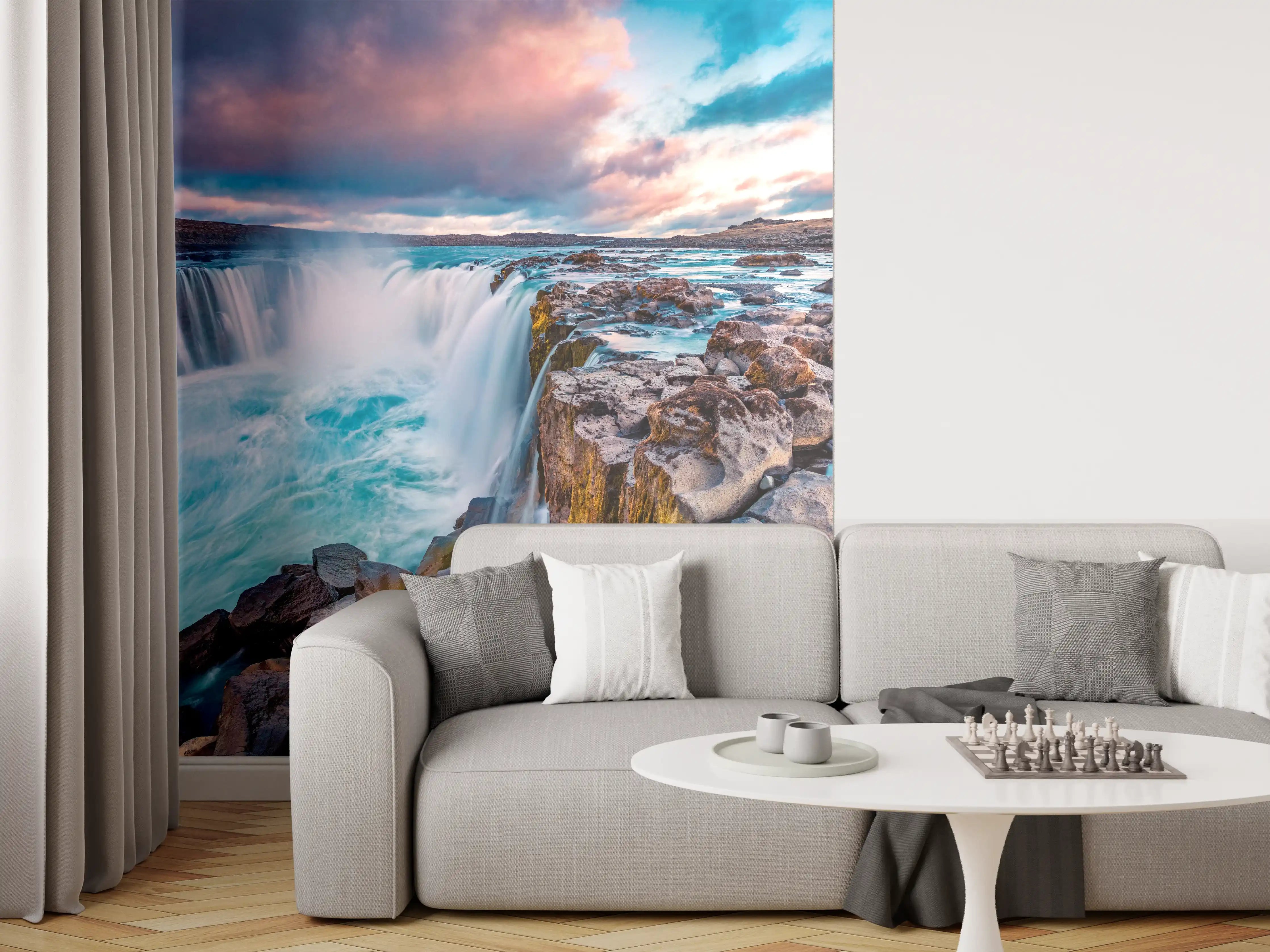 Wandverkleidung Wohnzimmer - Beeindruckende Wasserfall-Kulisse bei Sonnenuntergang
