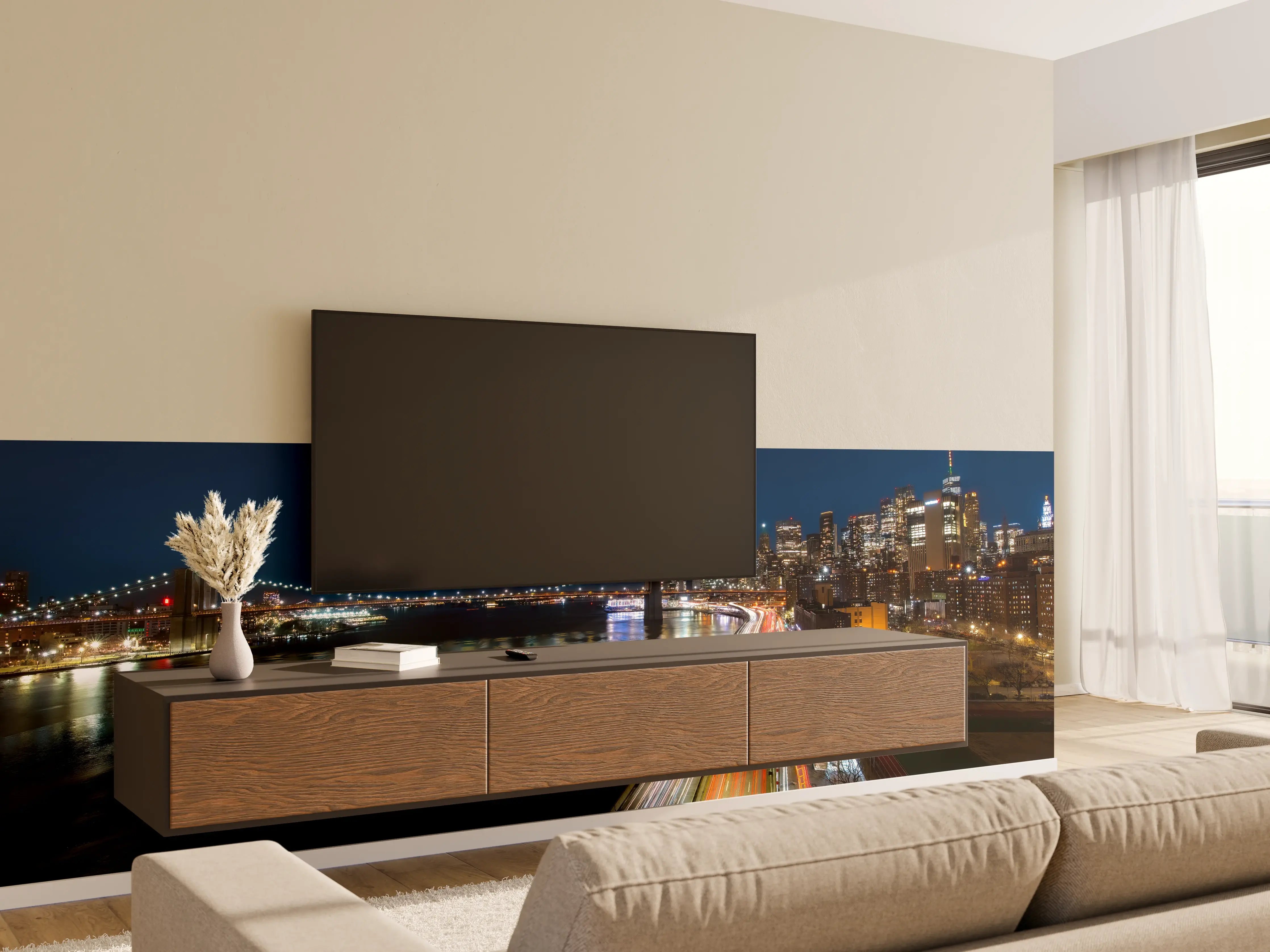 Wandverkleidung Wohnzimmer - Beeindruckende nächtliche Skyline mit Brücke und Fluss