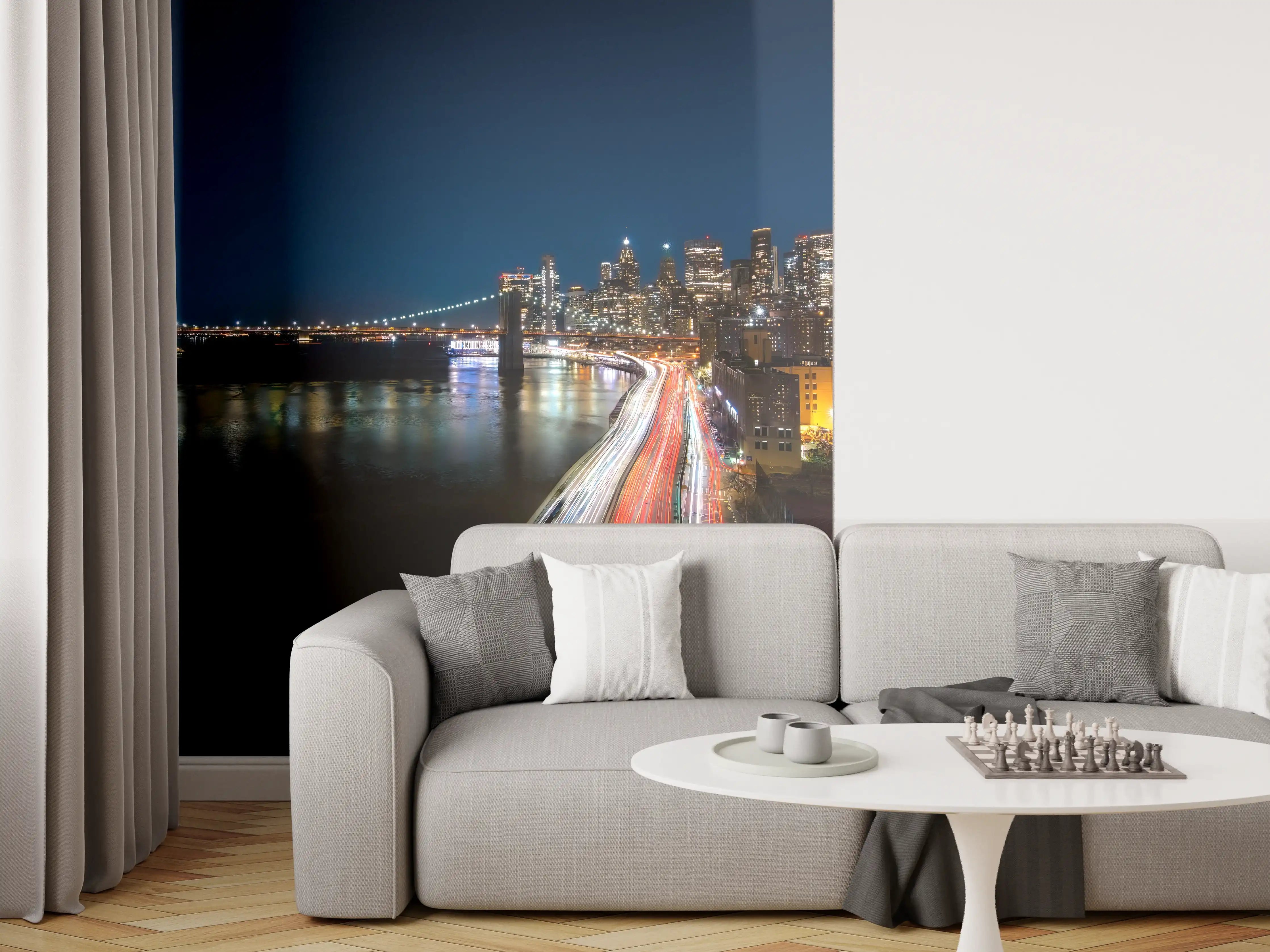 Wandverkleidung Wohnzimmer - Beeindruckende nächtliche Skyline mit Brücke und Fluss