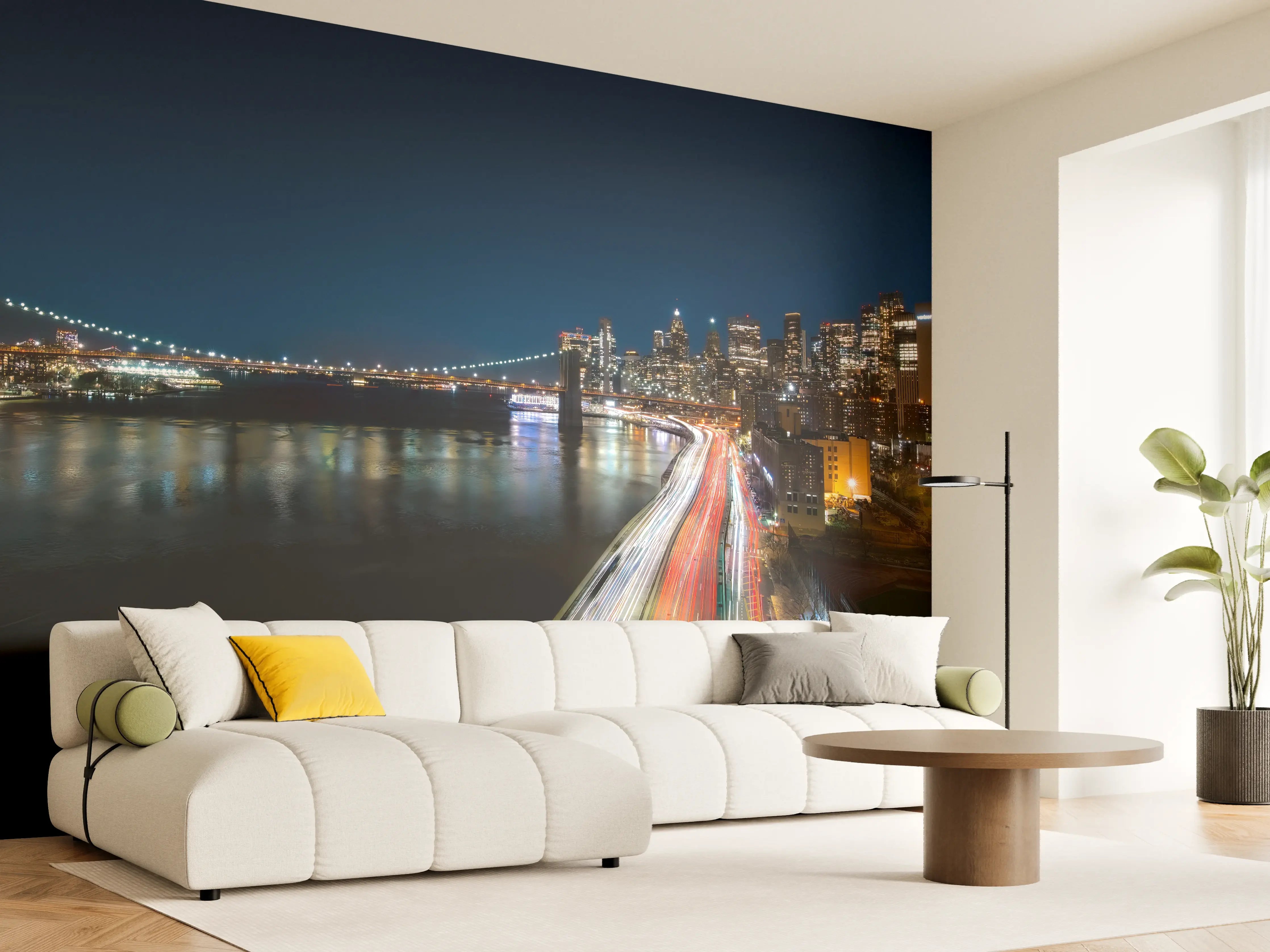 Wandverkleidung Wohnzimmer - Beeindruckende nächtliche Skyline mit Brücke und Fluss