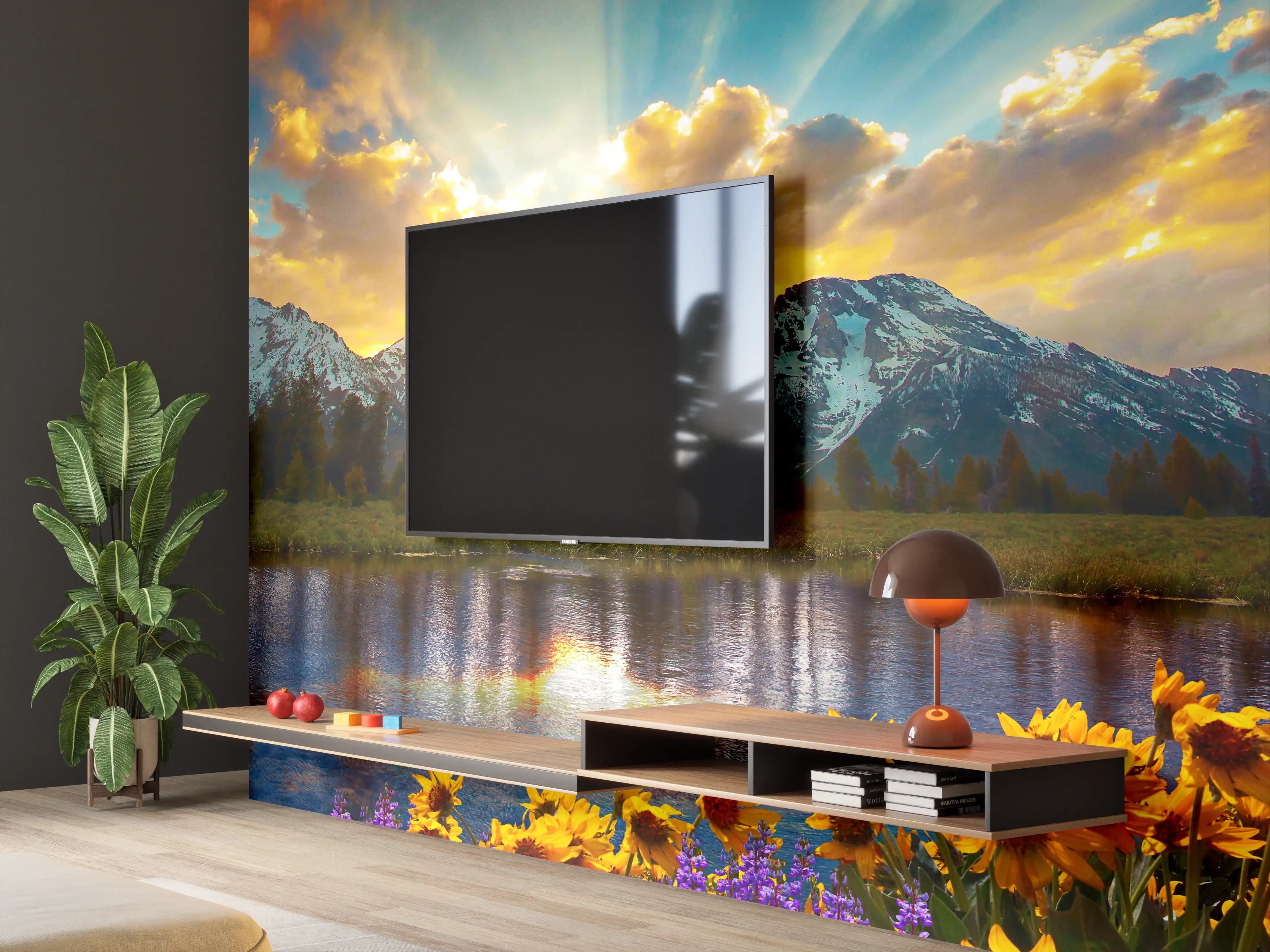 Wandverkleidung Wohnzimmer - Beeindruckender Bergsee bei Sonnenaufgang
