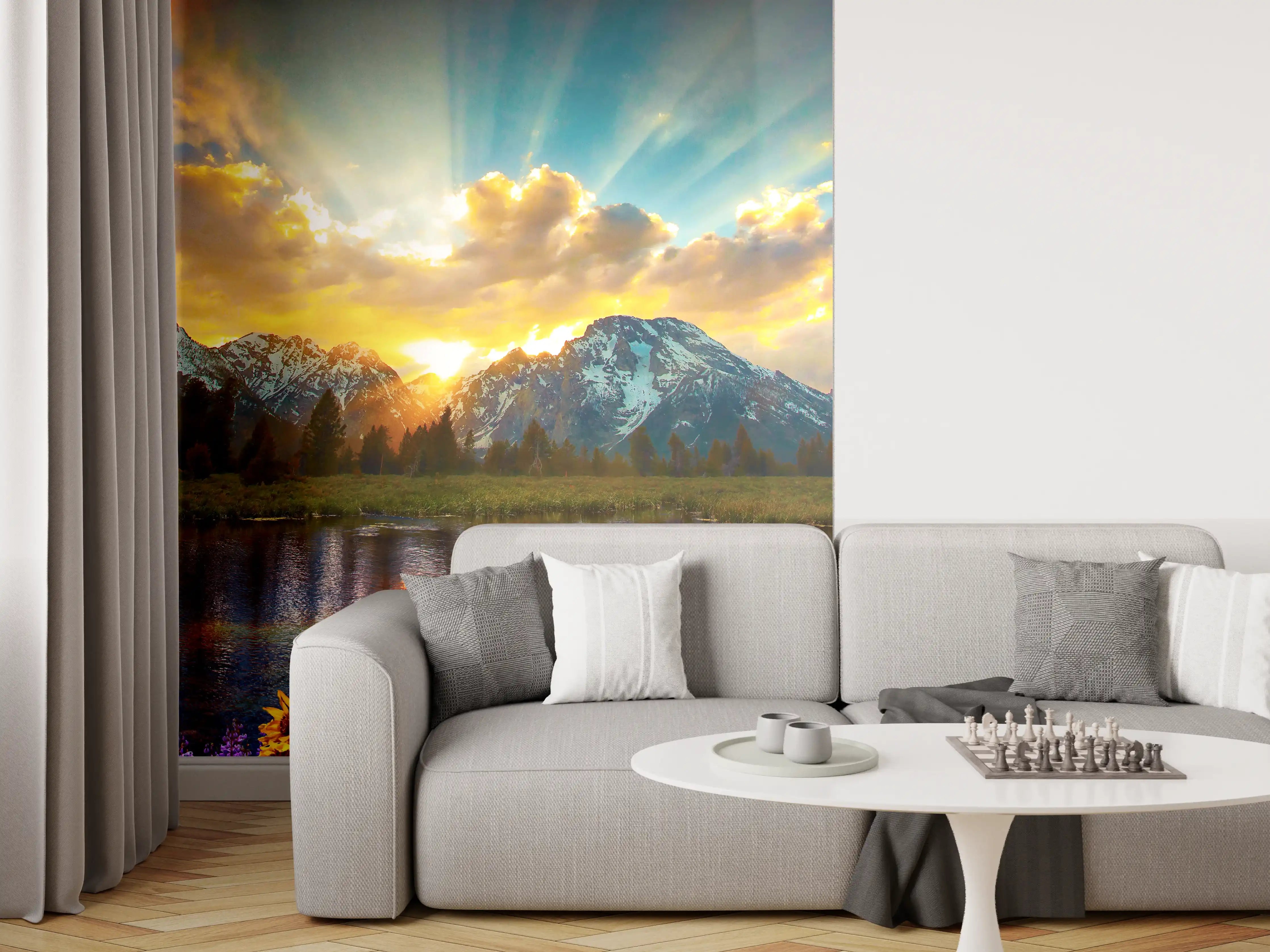 Wandverkleidung Wohnzimmer - Beeindruckender Bergsee bei Sonnenaufgang