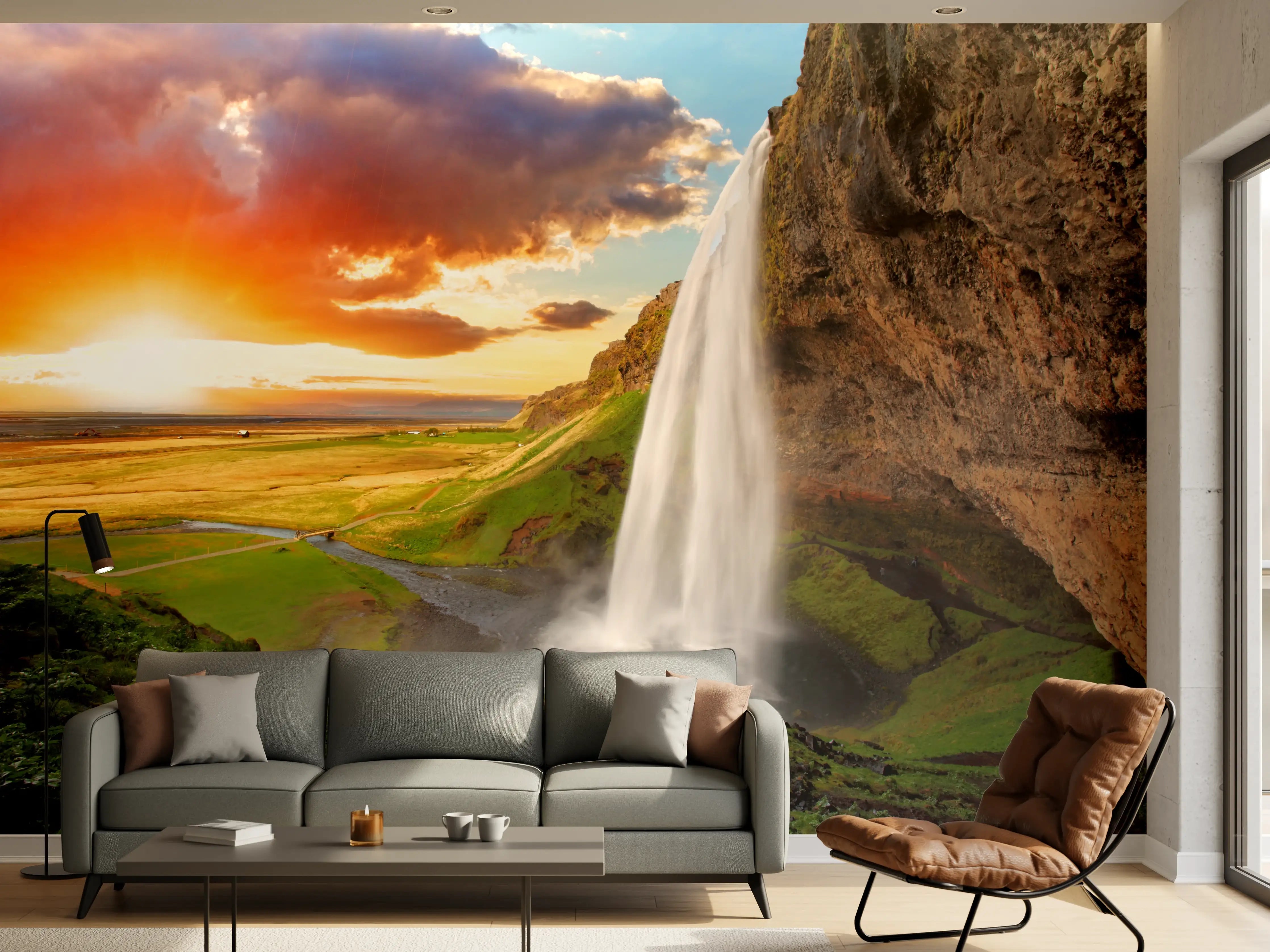 Wandverkleidung Wohnzimmer - Beeindruckender Wasserfall bei Sonnenuntergang