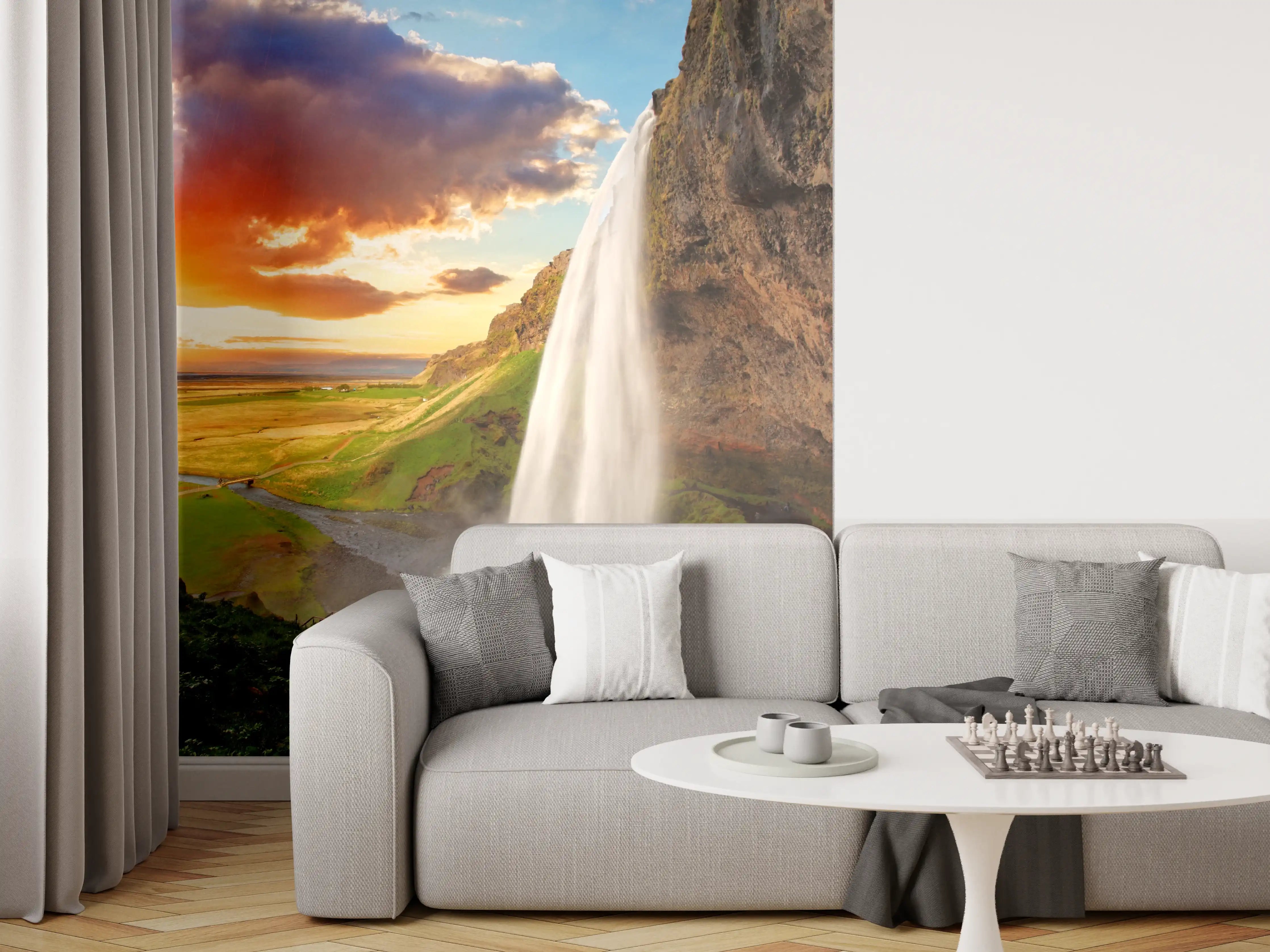 Wandverkleidung Wohnzimmer - Beeindruckender Wasserfall bei Sonnenuntergang