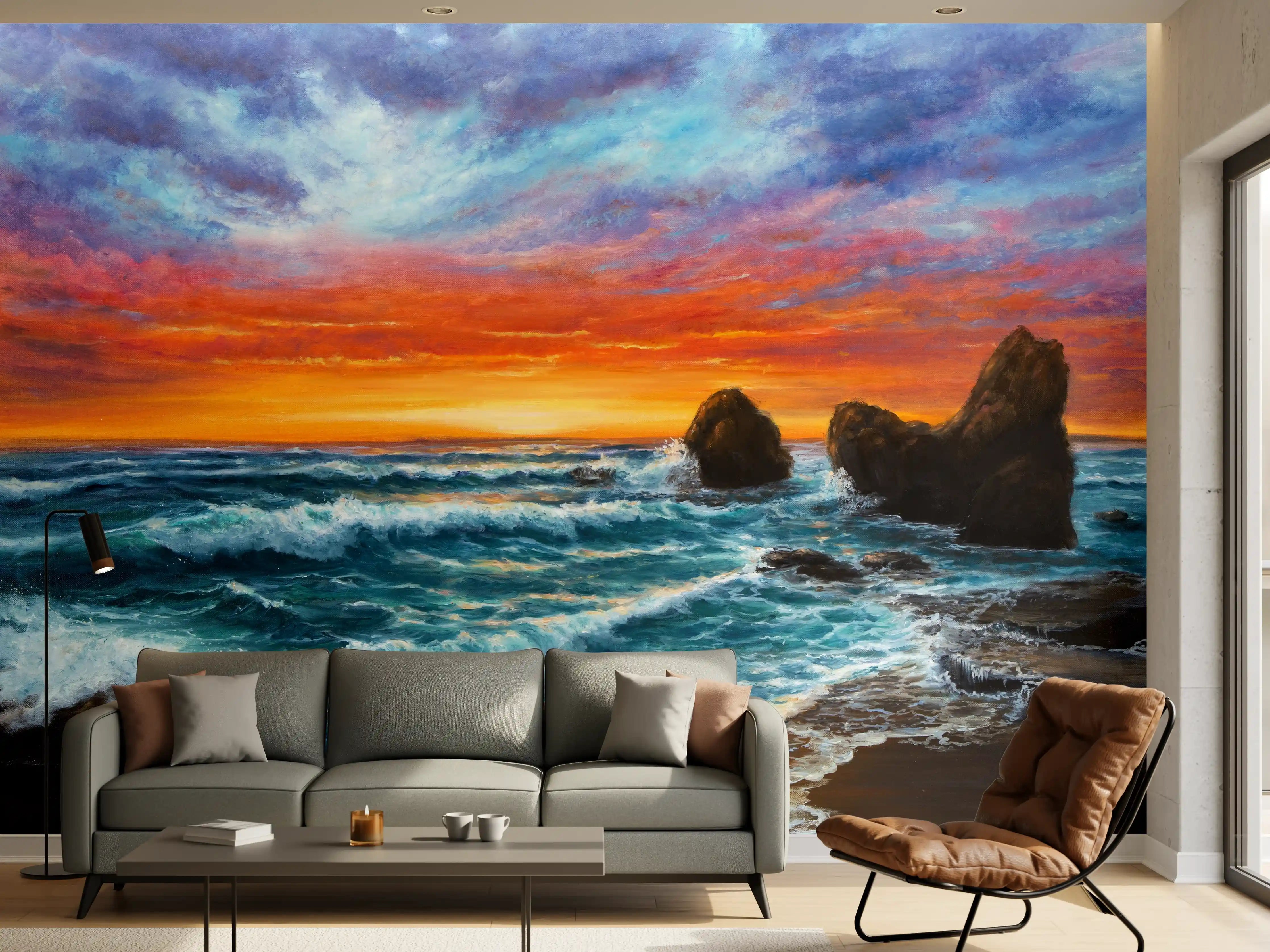 Wandverkleidung Wohnzimmer - Beeindruckendes Meerespanorama bei Sonnenuntergang