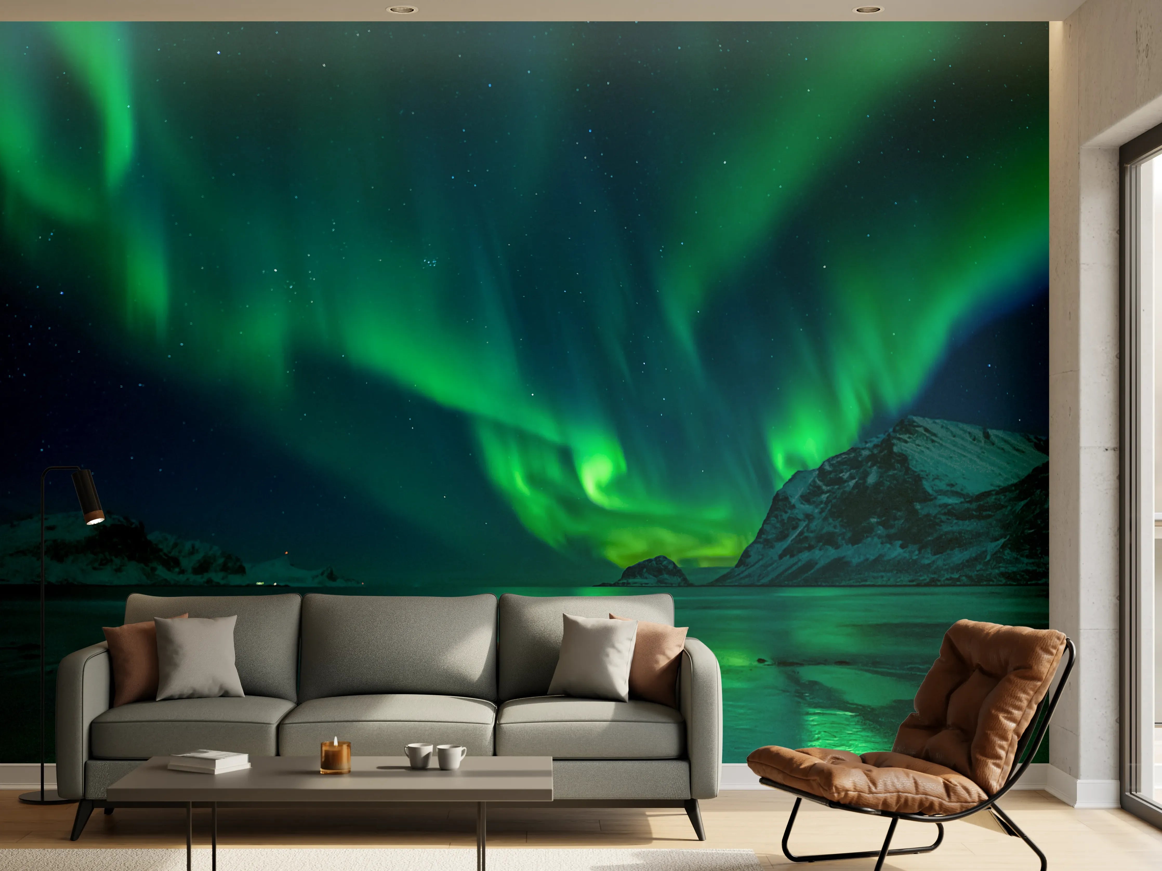Wandverkleidung Wohnzimmer - Beeindruckendes Nordlicht über arktischer Landschaft