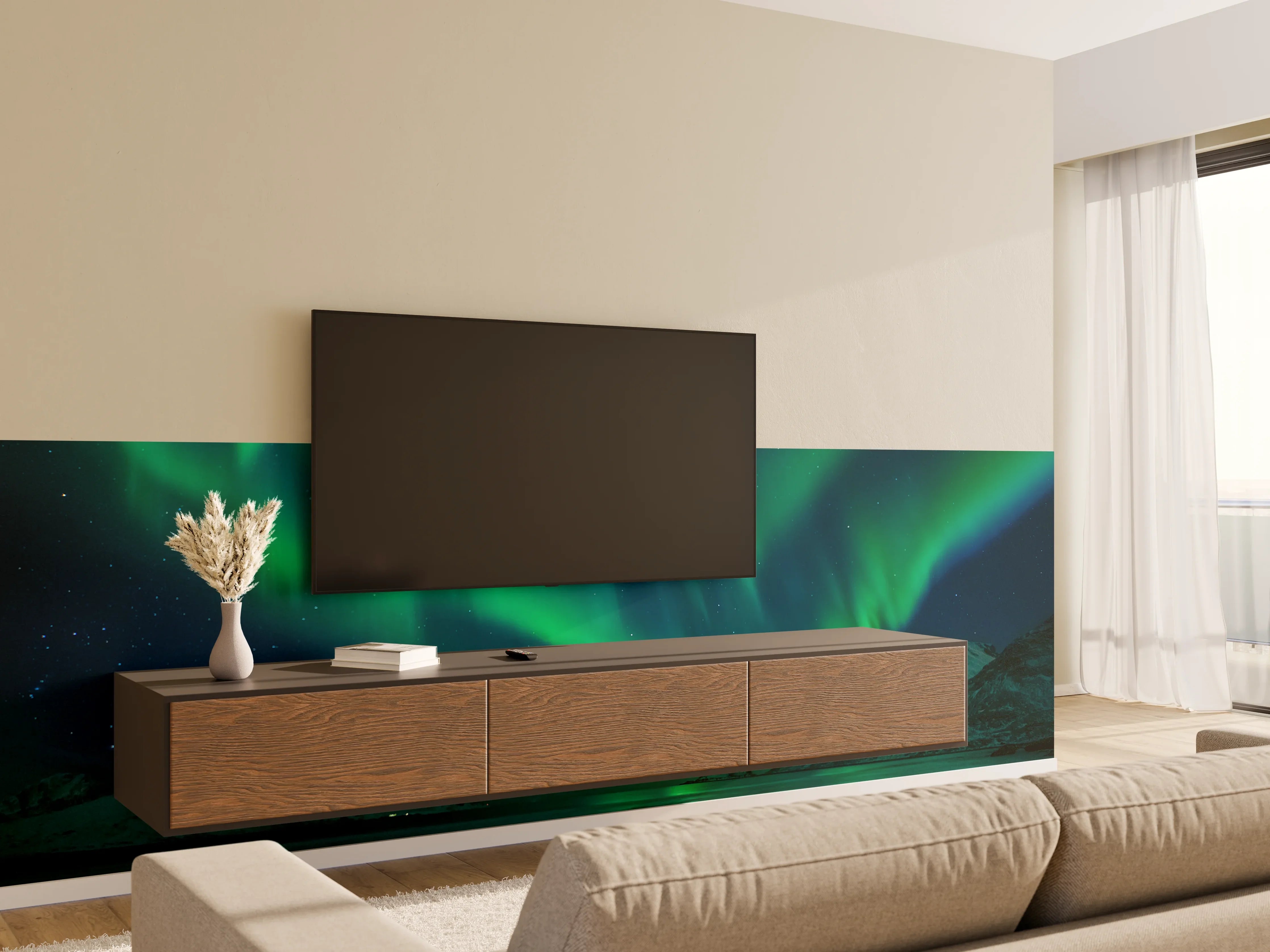 Wandverkleidung Wohnzimmer - Beeindruckendes Nordlicht über arktischer Landschaft