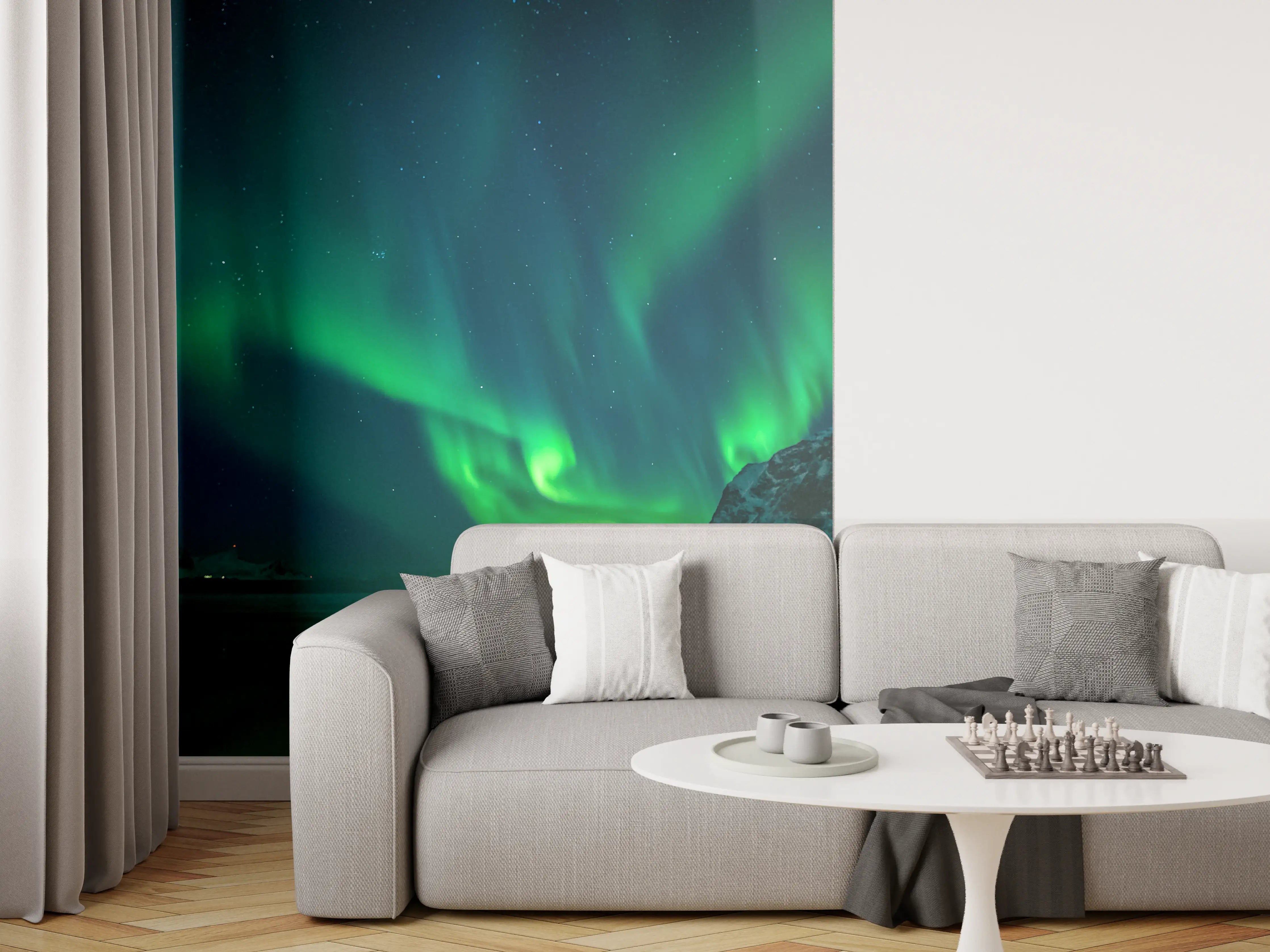 Wandverkleidung Wohnzimmer - Beeindruckendes Nordlicht über arktischer Landschaft