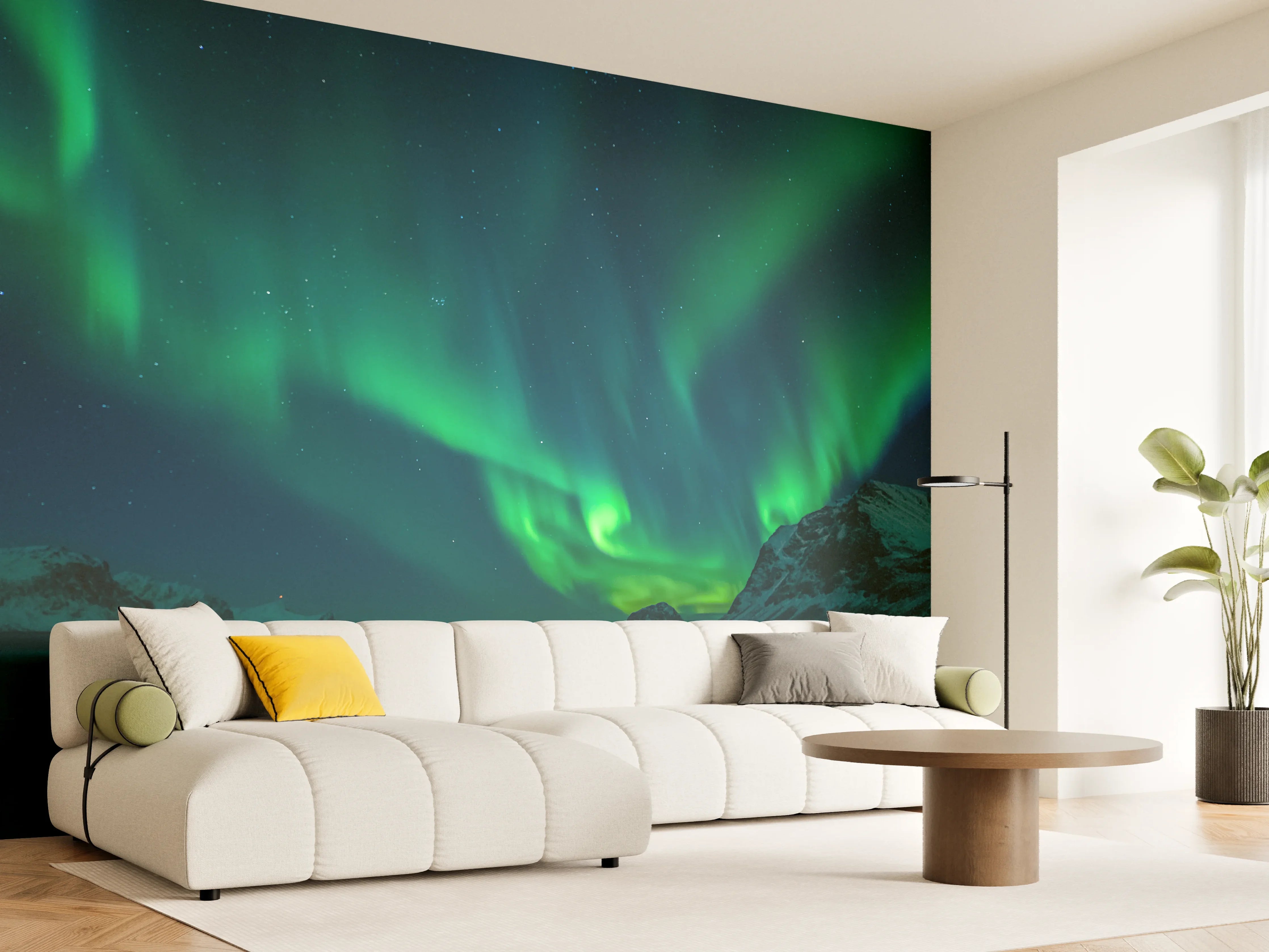 Wandverkleidung Wohnzimmer - Beeindruckendes Nordlicht über arktischer Landschaft