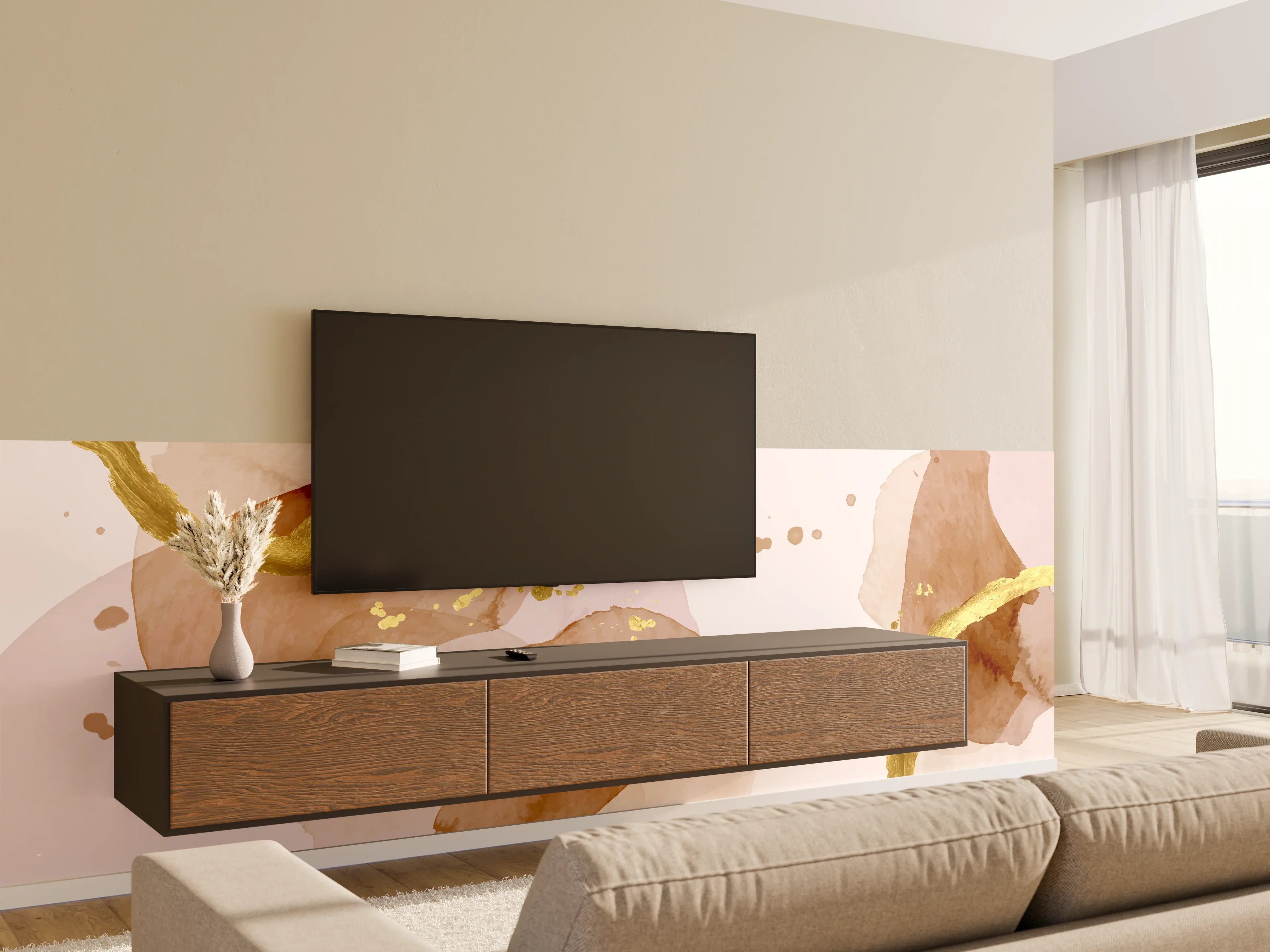 Wandverkleidung Wohnzimmer - Beige Aquarell Kunst