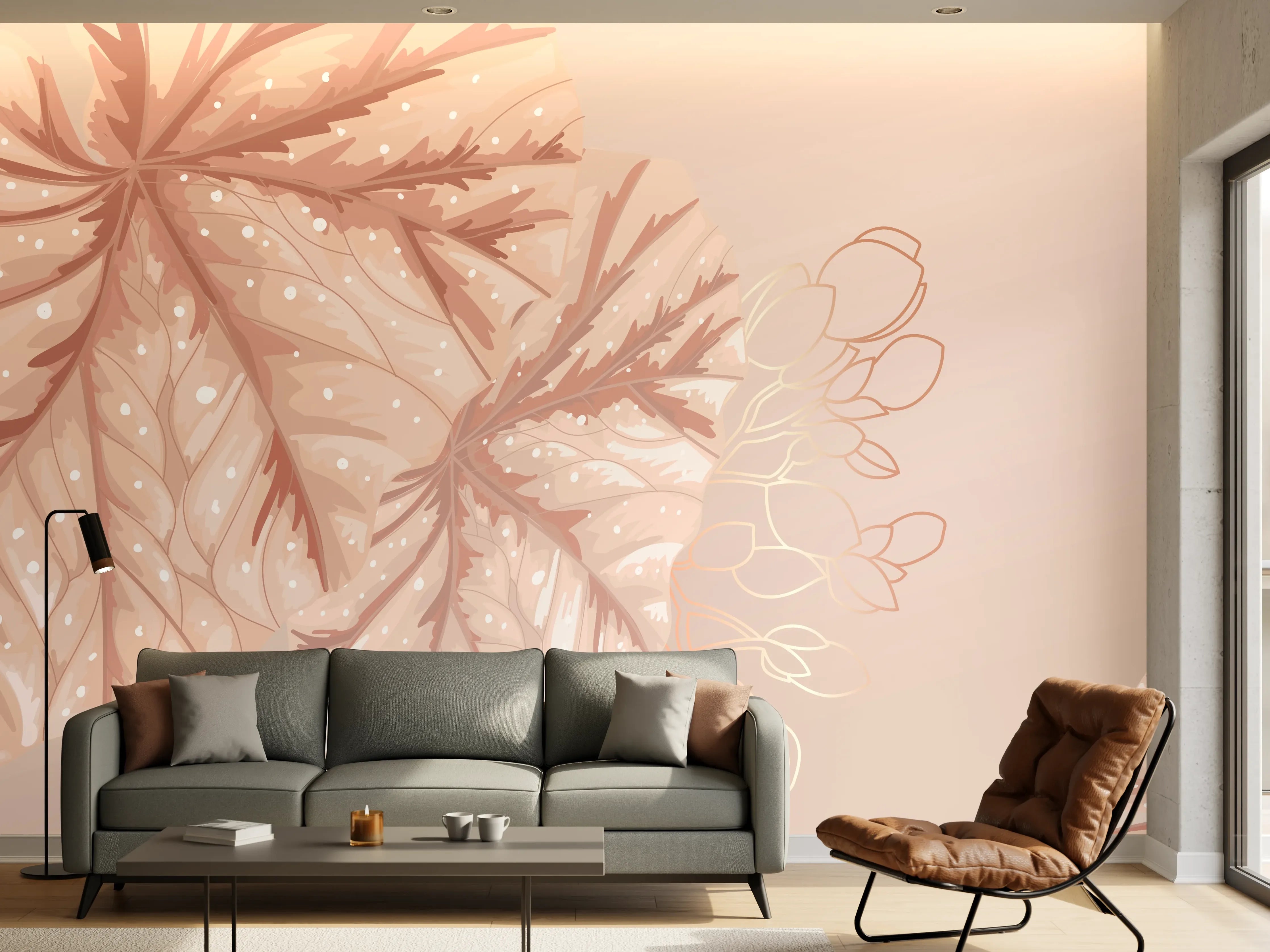 Wandverkleidung Wohnzimmer - Beige Blätter Illustration