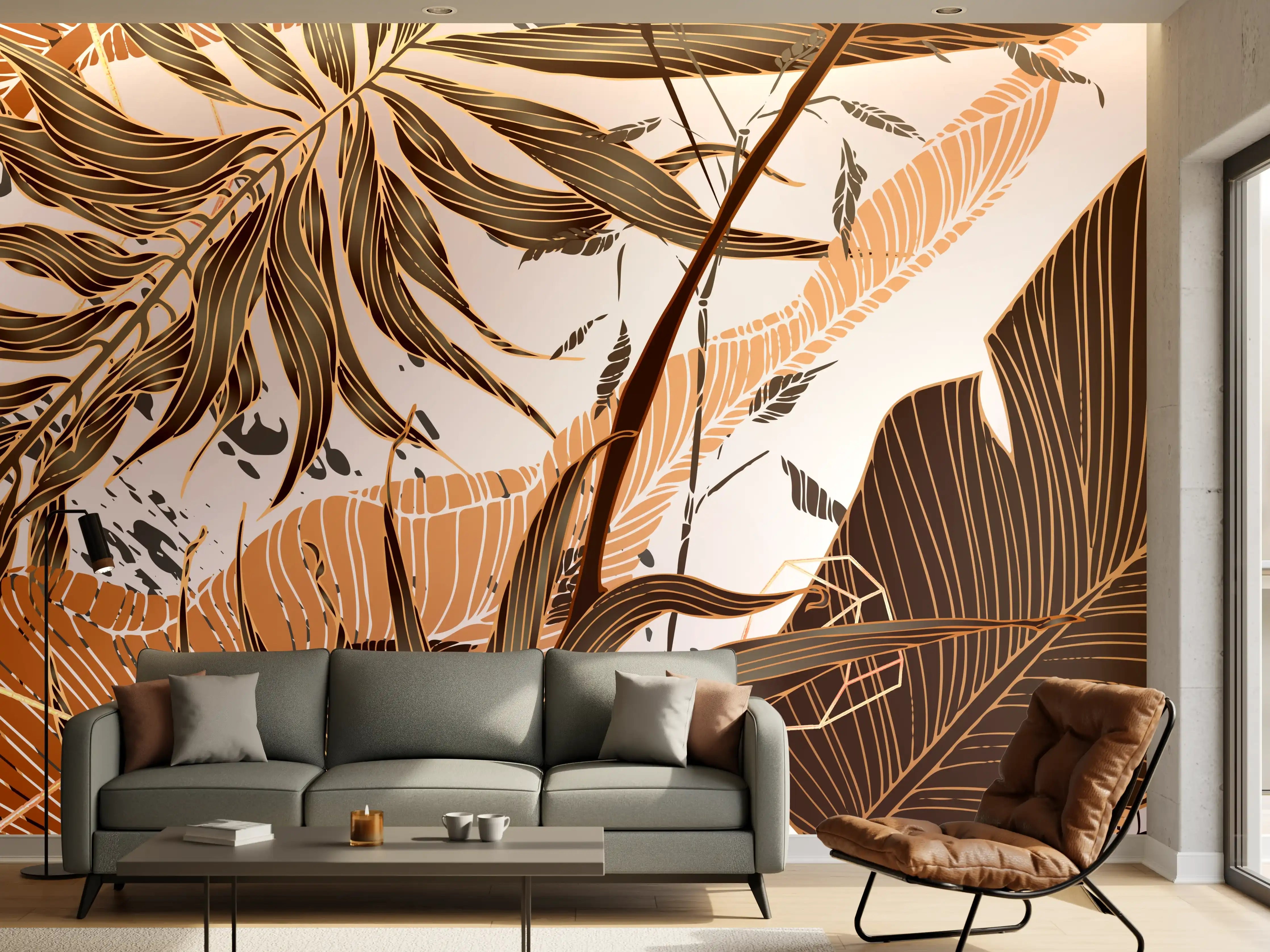 Wandverkleidung Wohnzimmer - Beige Blattmuster Tapete