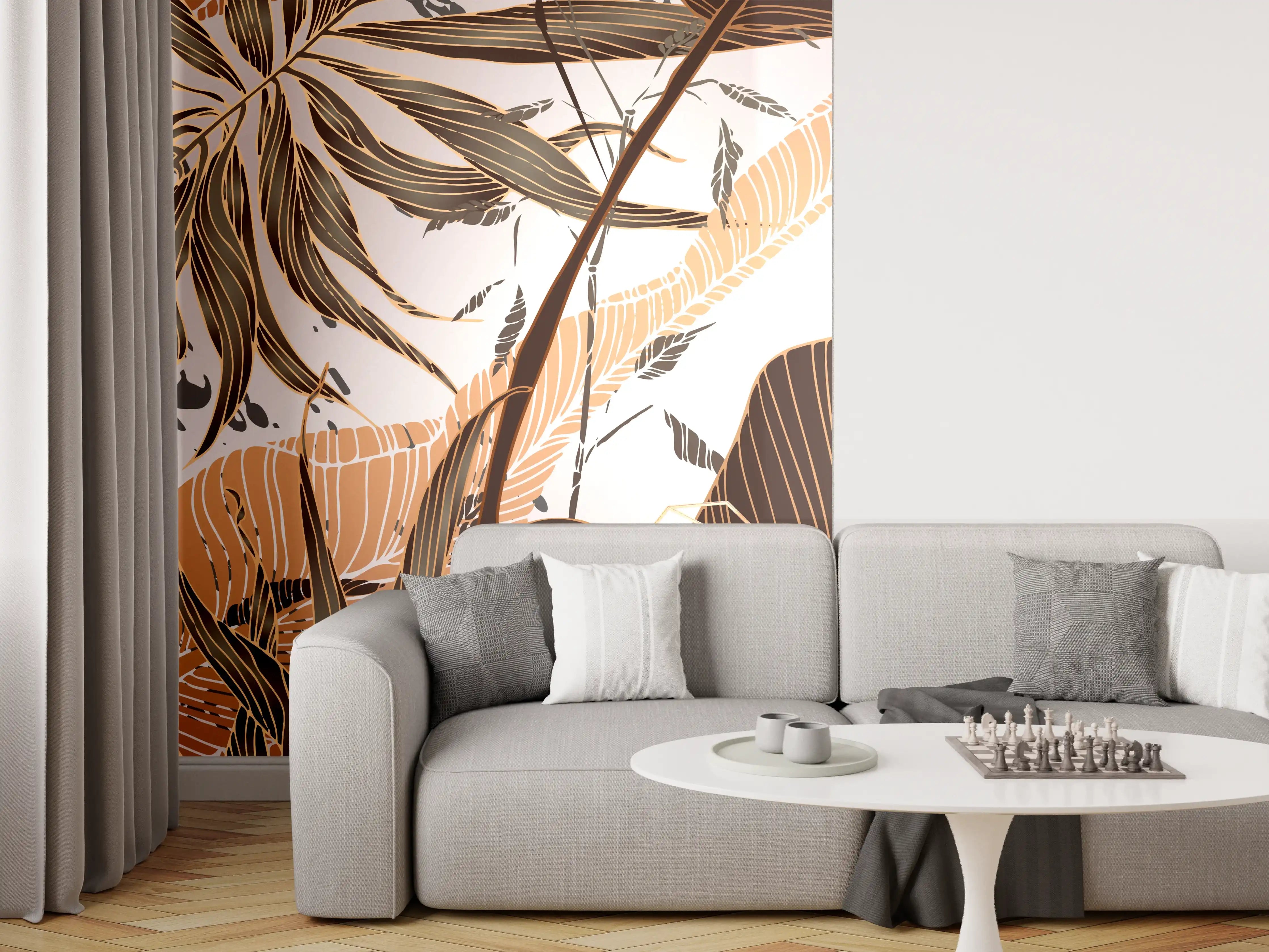 Wandverkleidung Wohnzimmer - Beige Blattmuster Tapete