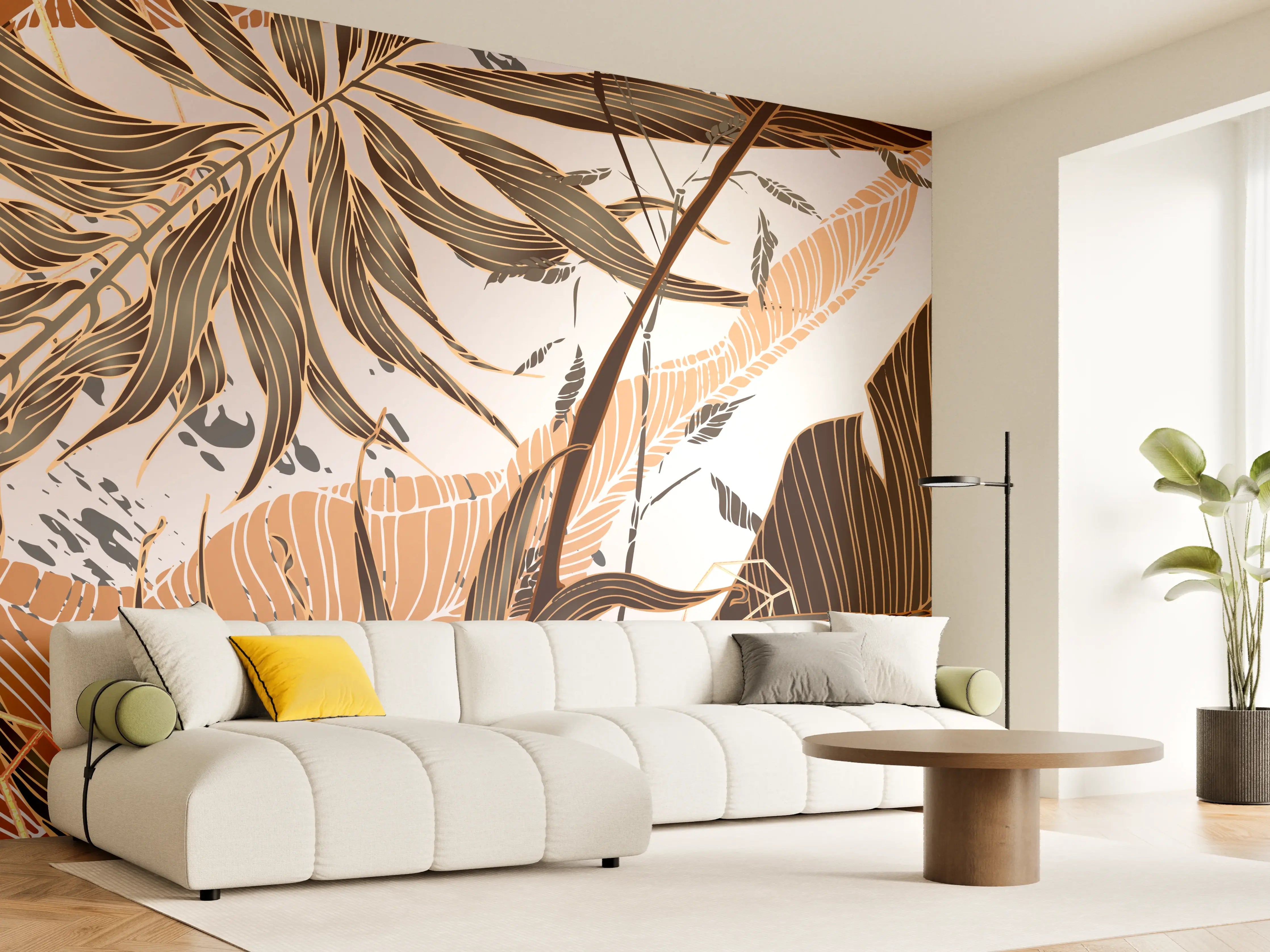 Wandverkleidung Wohnzimmer - Beige Blattmuster Tapete