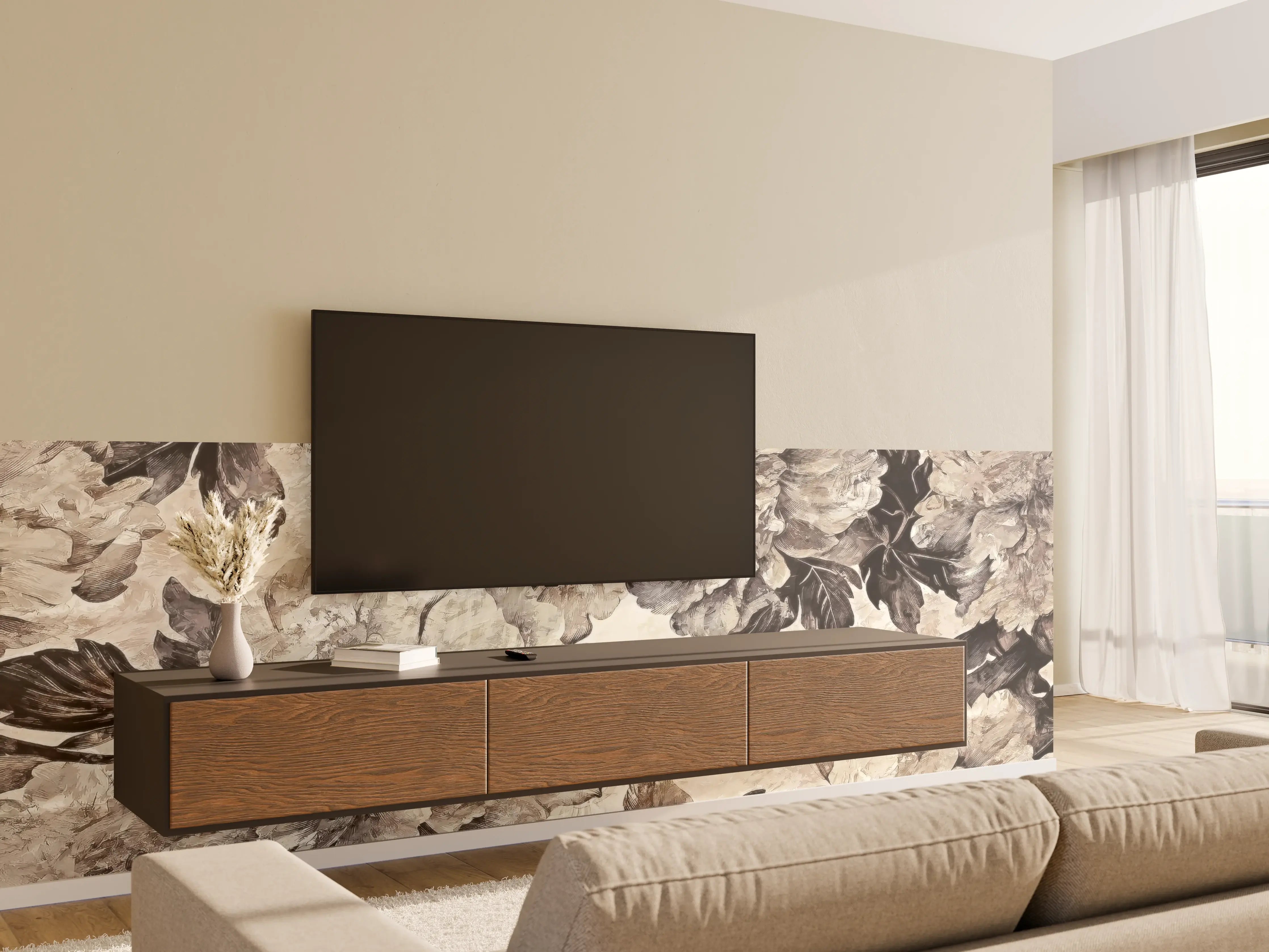 Wandverkleidung Wohnzimmer - Beige Blumenpanorama Kunstwerk