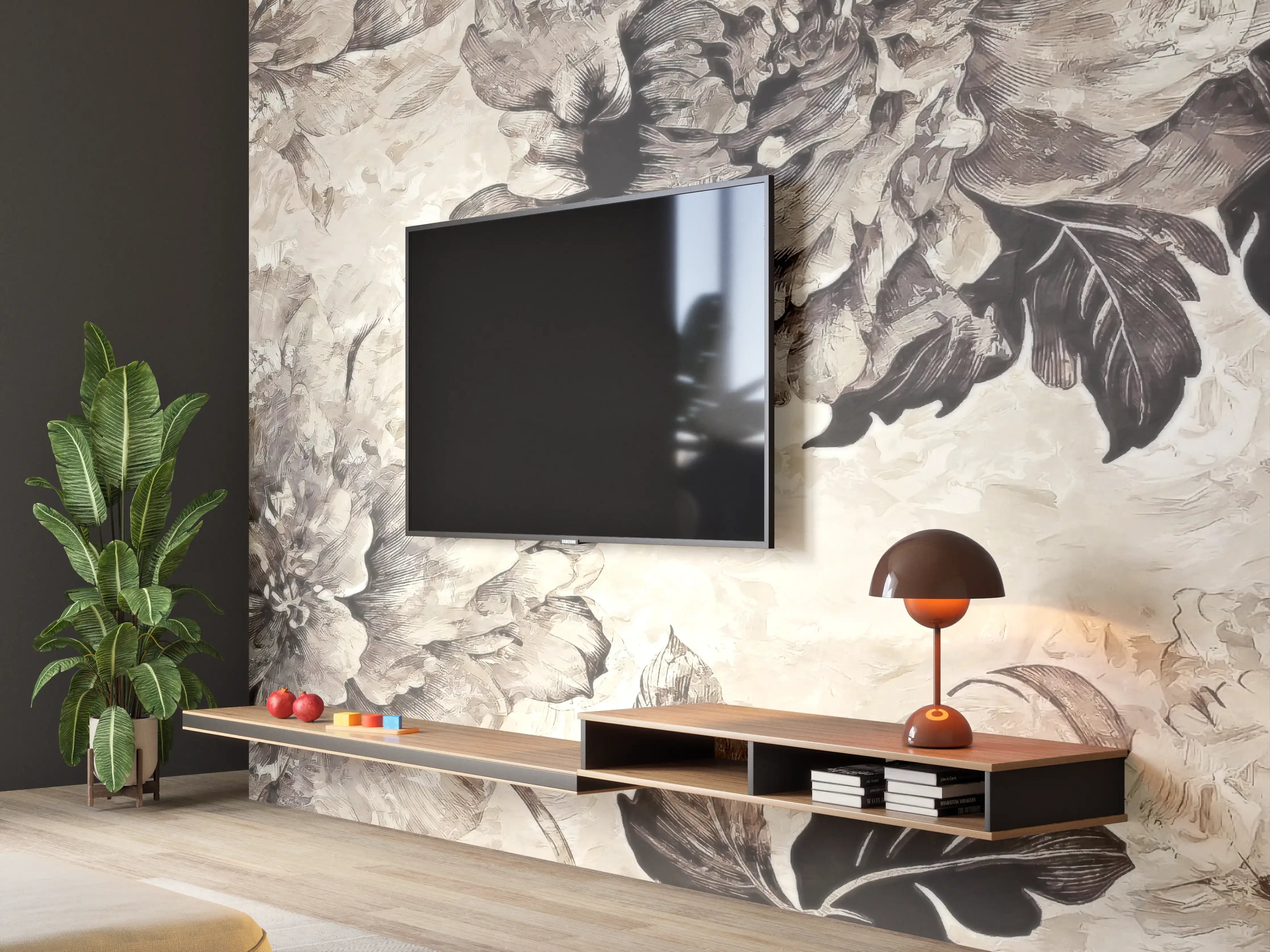 Wandverkleidung Wohnzimmer - Beige Blumenpanorama Kunstwerk