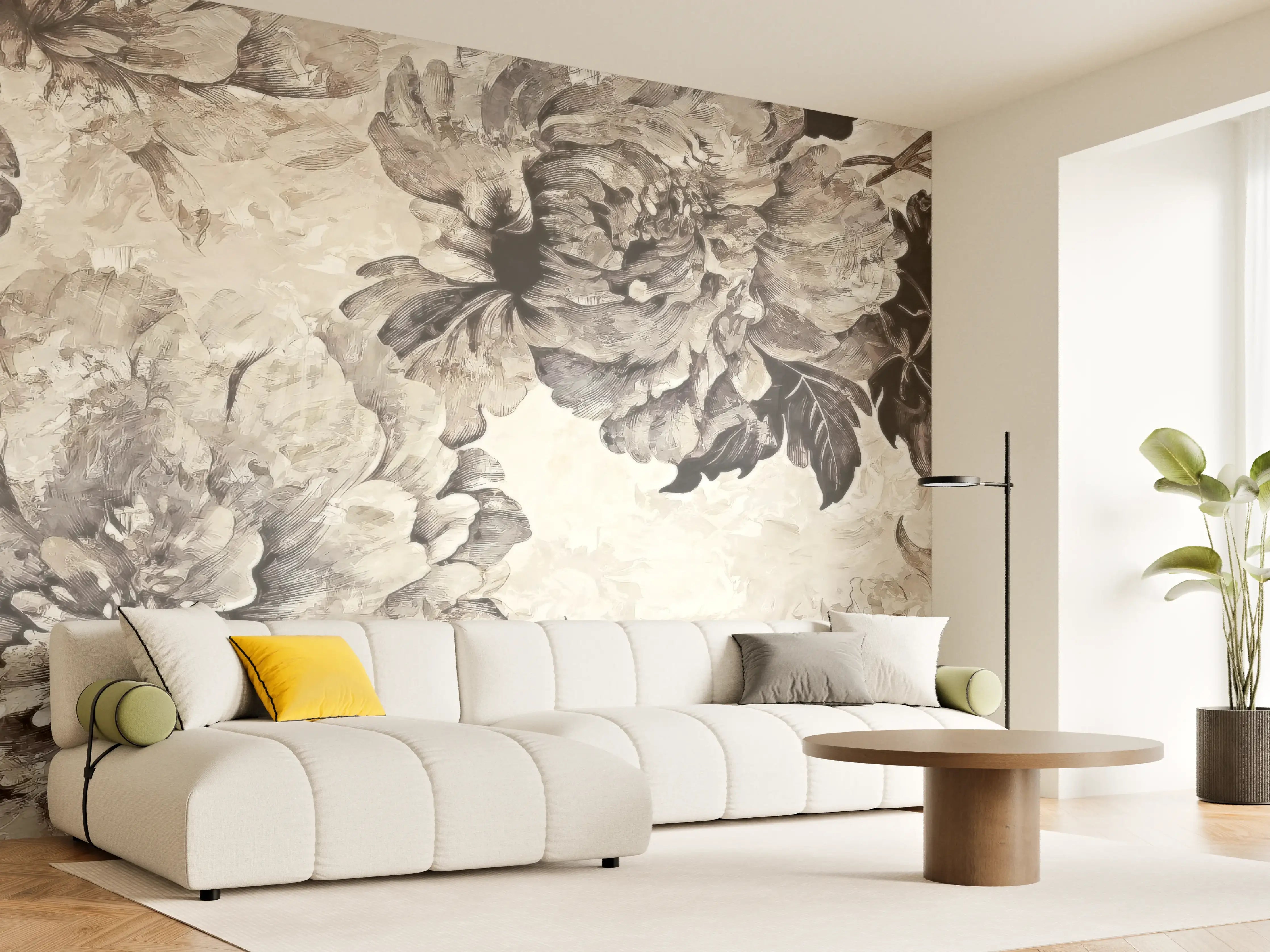 Wandverkleidung Wohnzimmer - Beige Blumenpanorama Kunstwerk