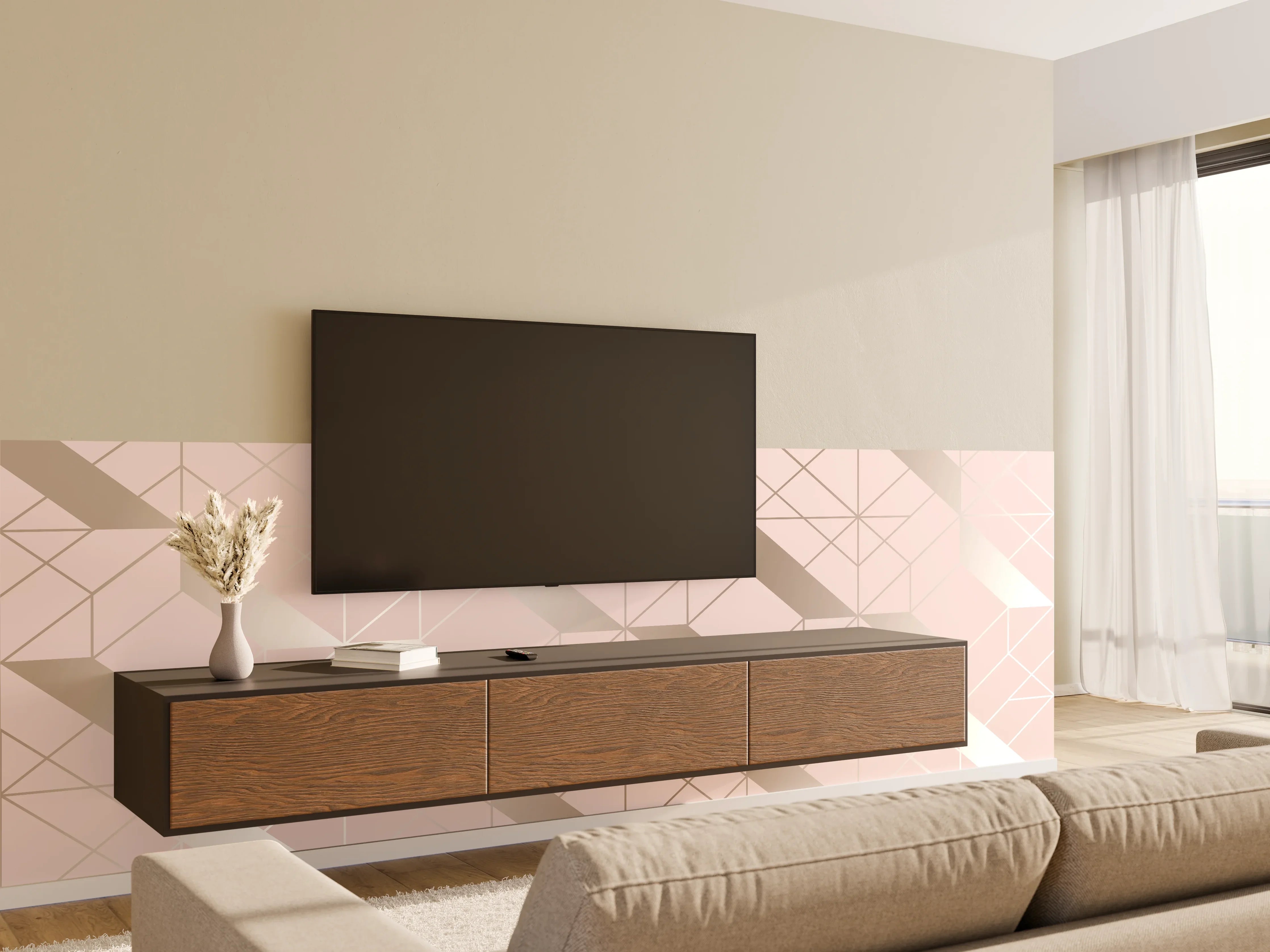 Wandverkleidung Wohnzimmer - Beige Geometrie-Muster Tapete