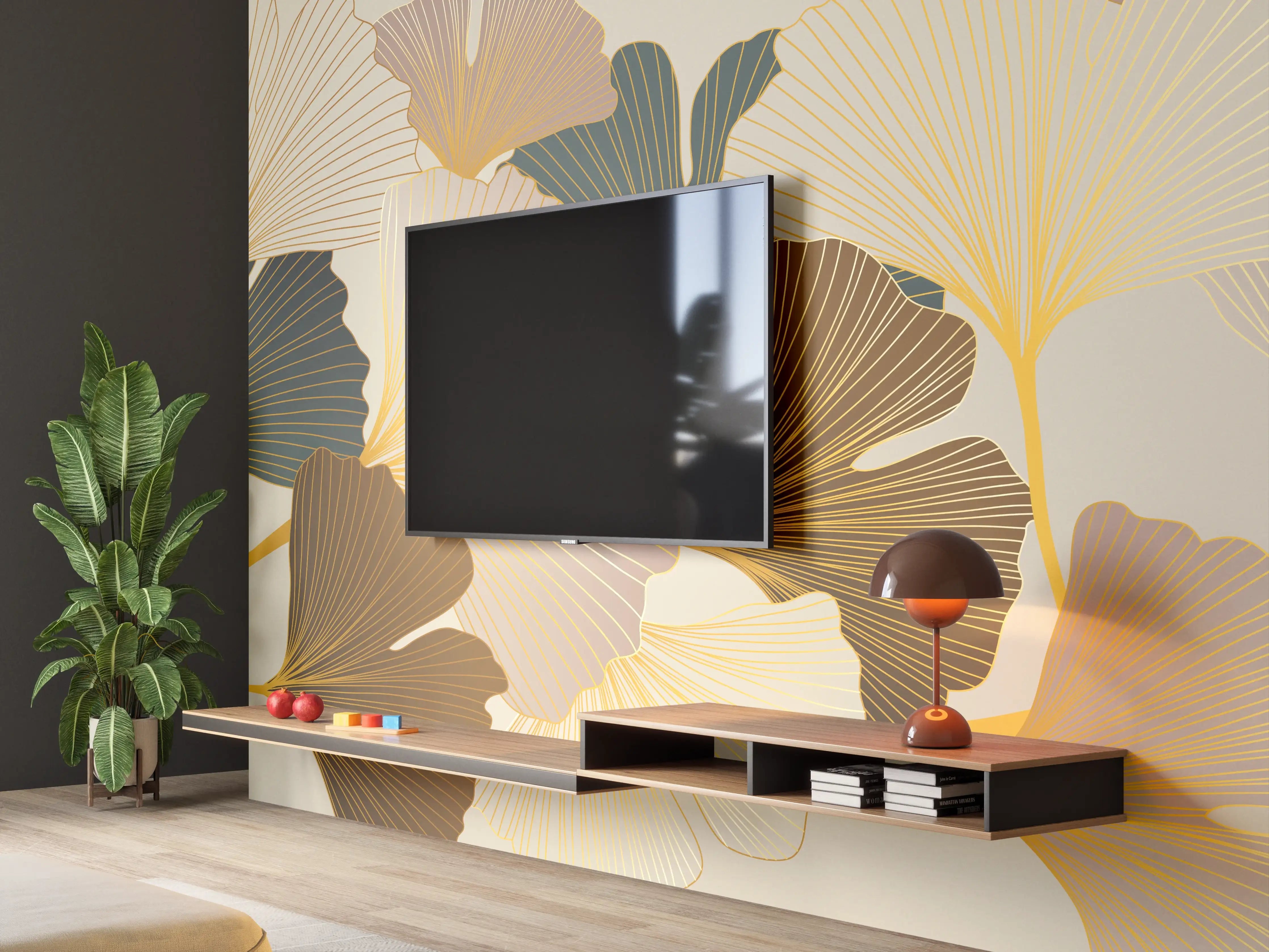 Wandverkleidung Wohnzimmer - Beige Ginkgo Blattmuster Tapete