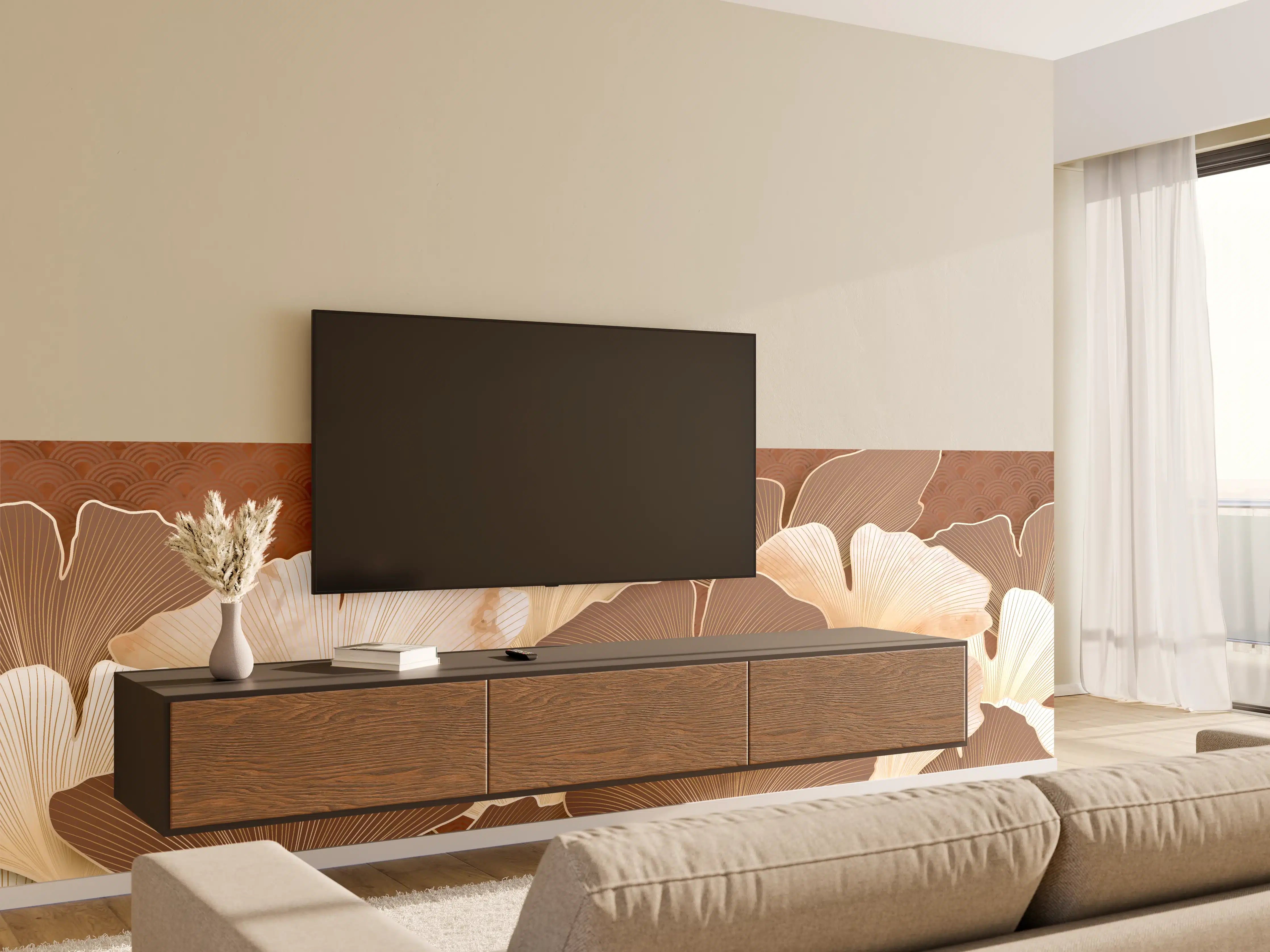 Wandverkleidung Wohnzimmer - Beige Ginkgo Blattmuster