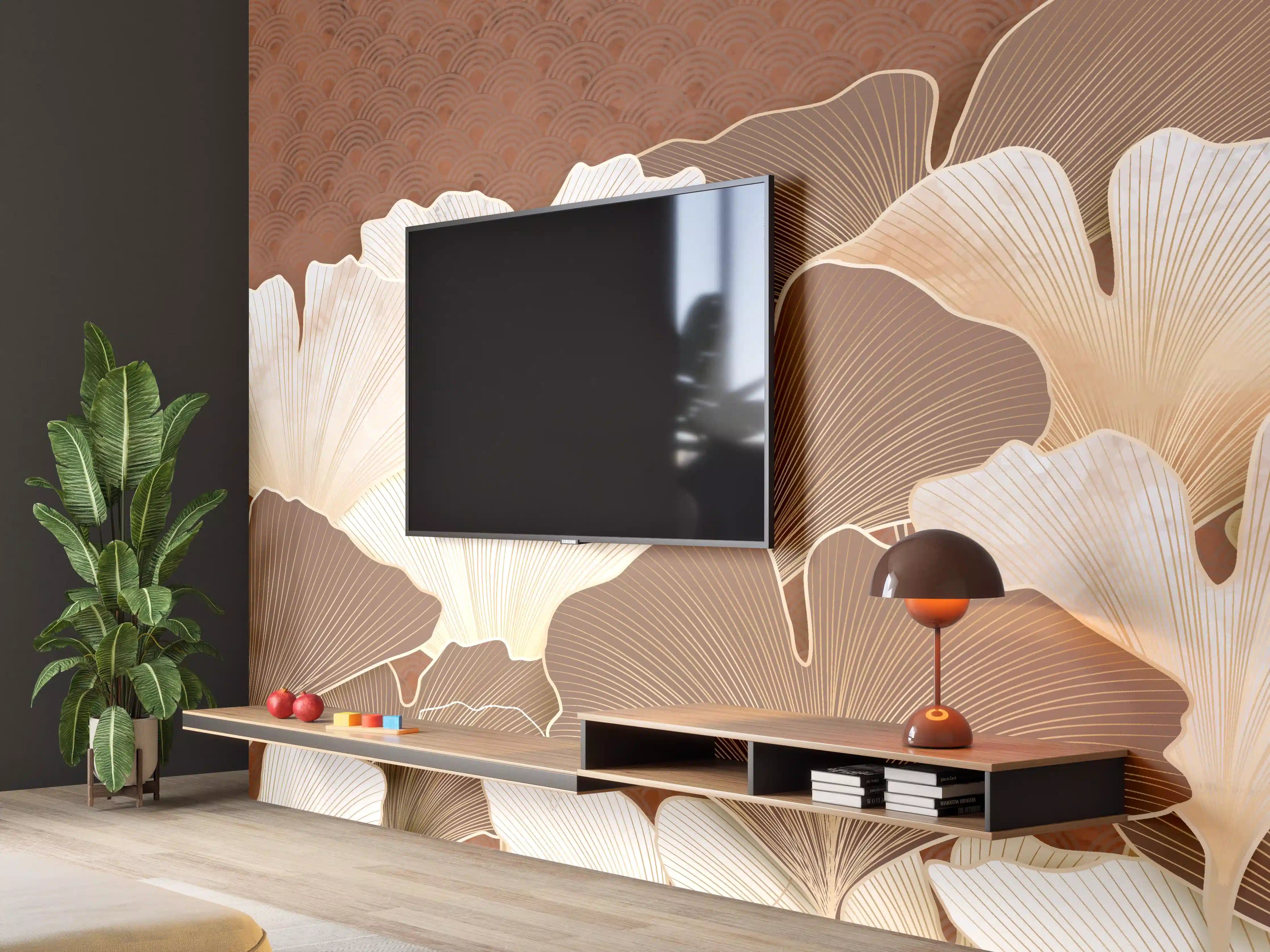 Wandverkleidung Wohnzimmer - Beige Ginkgo Blattmuster