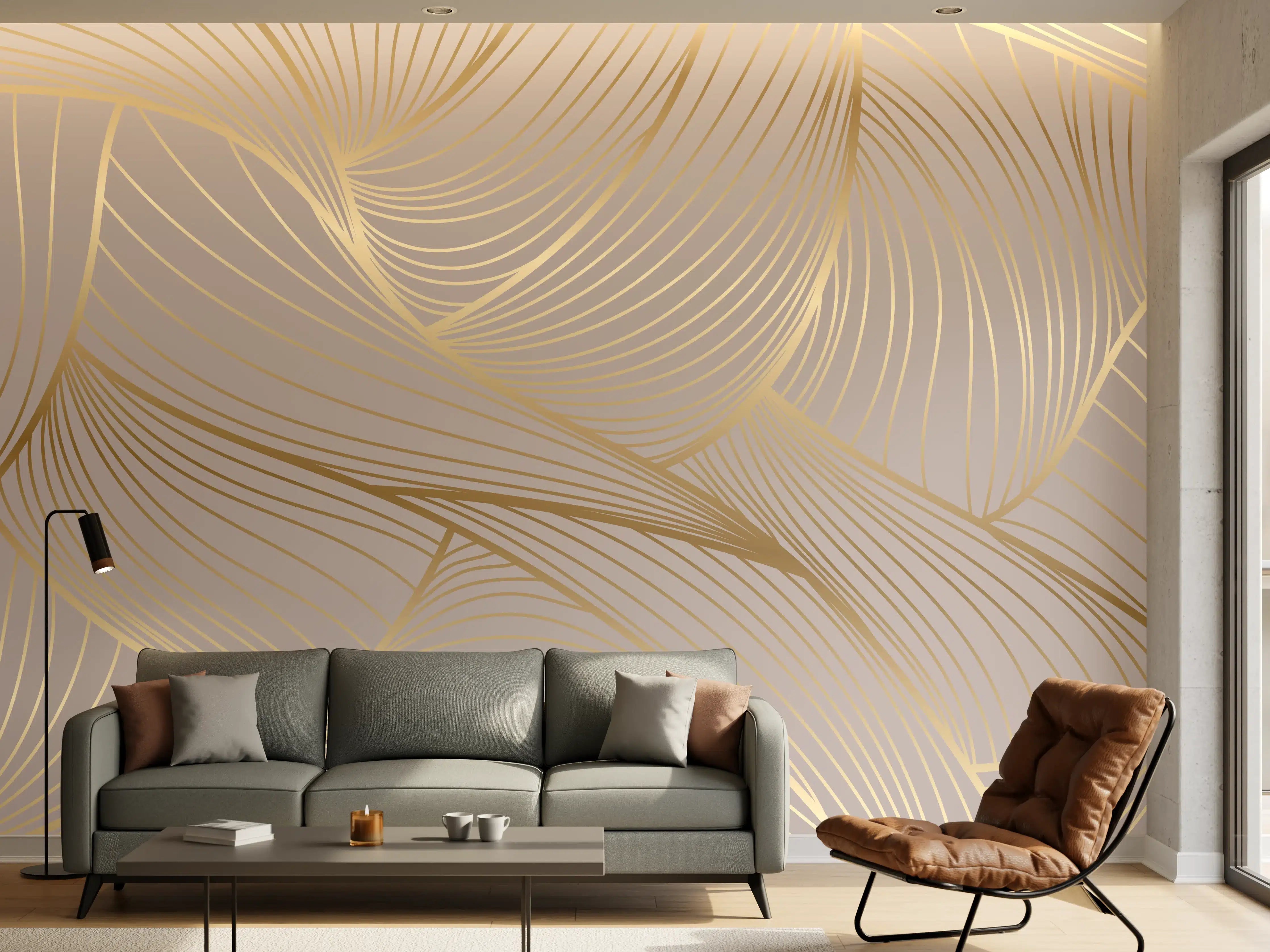 Wandverkleidung Wohnzimmer - Beige-Goldene Linien Muster