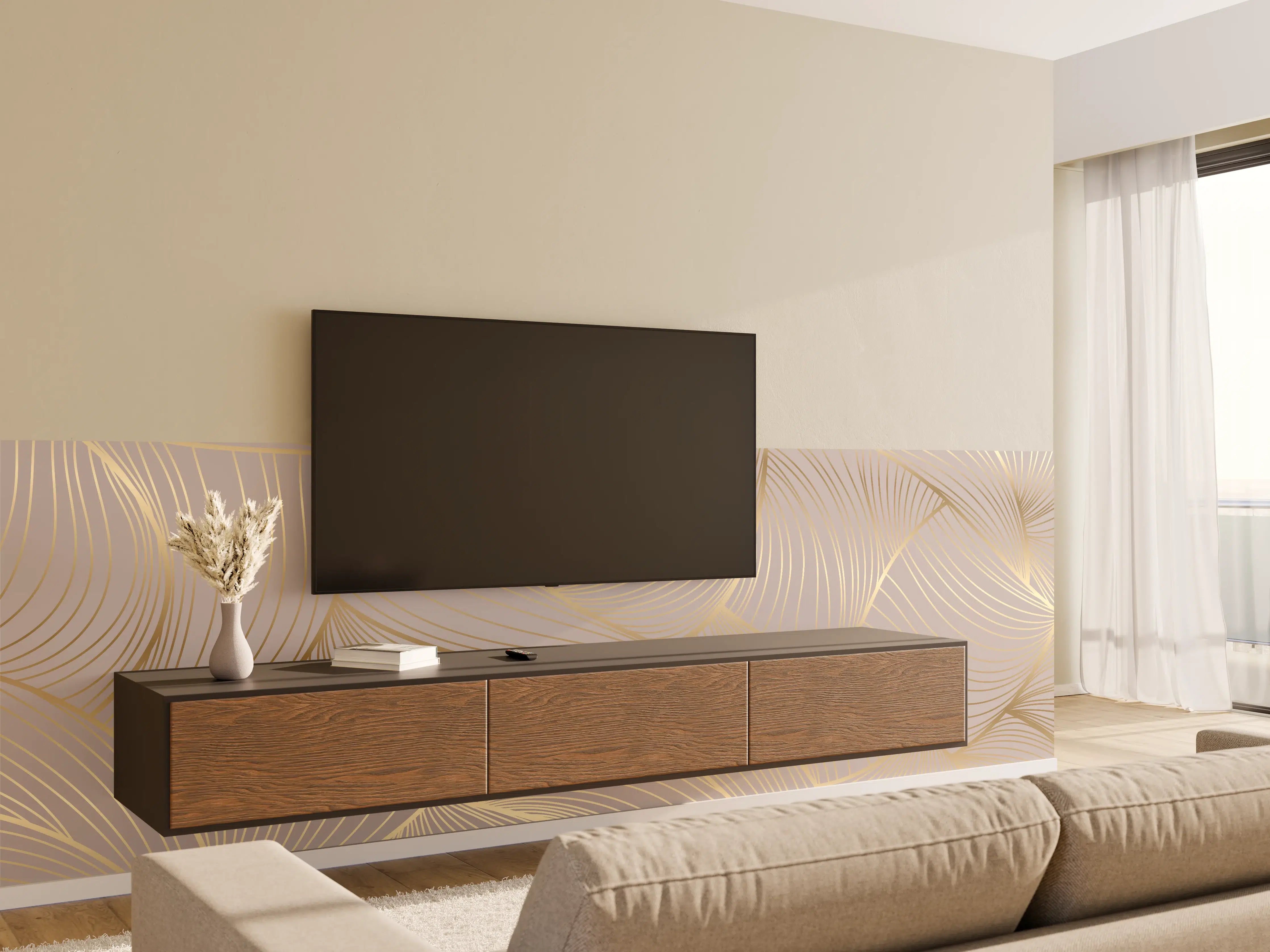 Wandverkleidung Wohnzimmer - Beige-Goldene Linien Muster