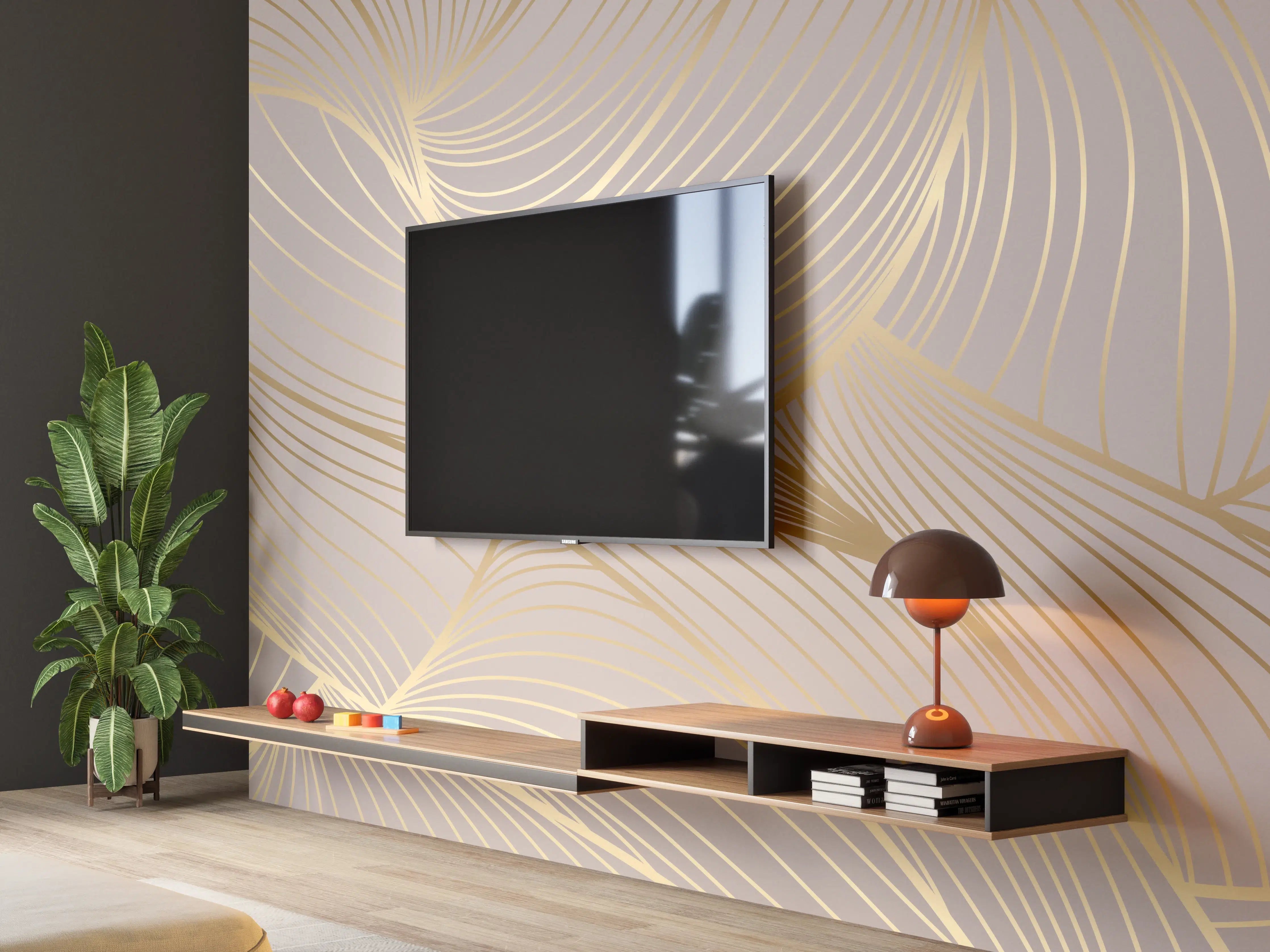 Wandverkleidung Wohnzimmer - Beige-Goldene Linien Muster