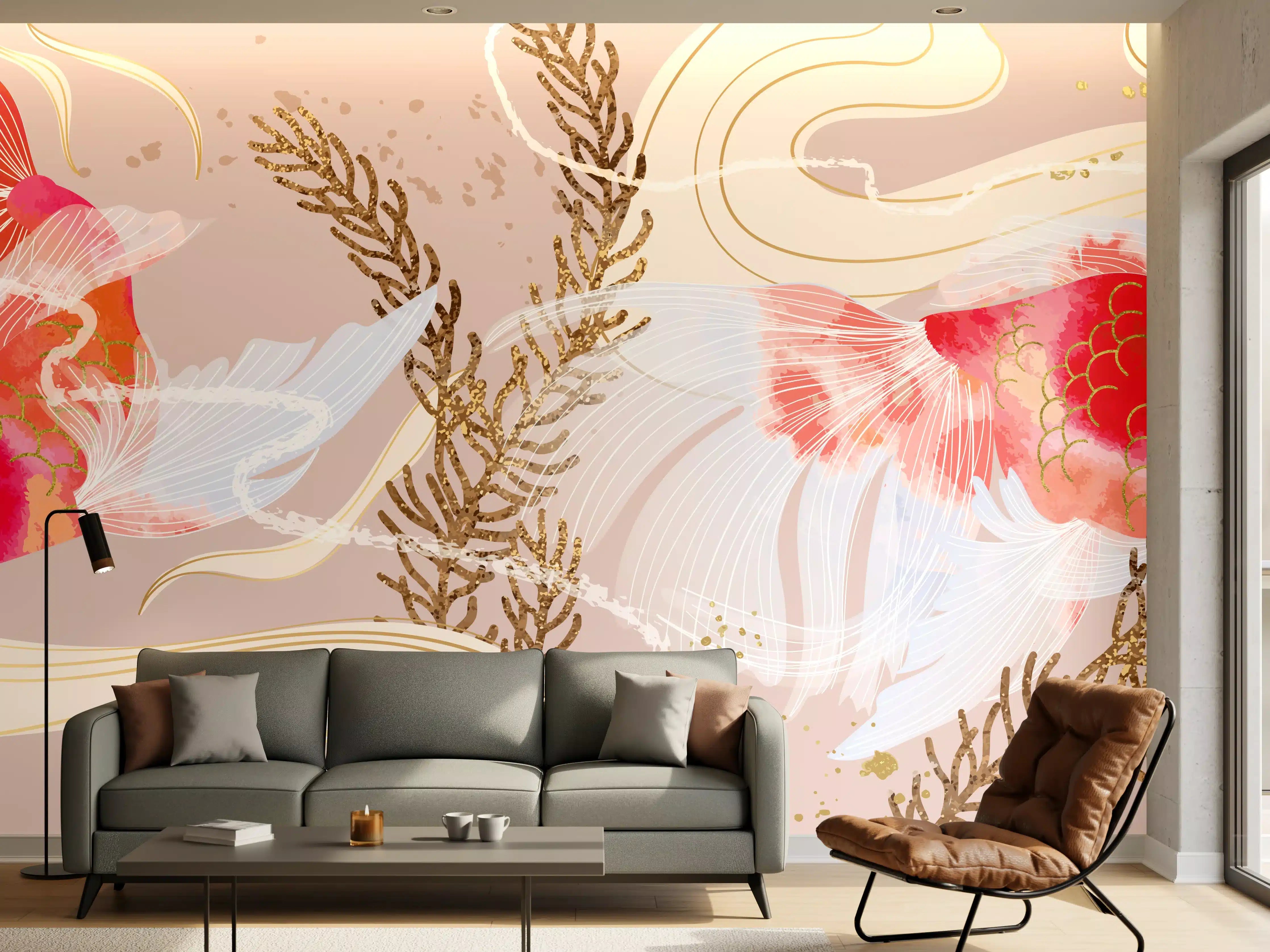 Wandverkleidung Wohnzimmer - Beige Koi-Kunstdruck