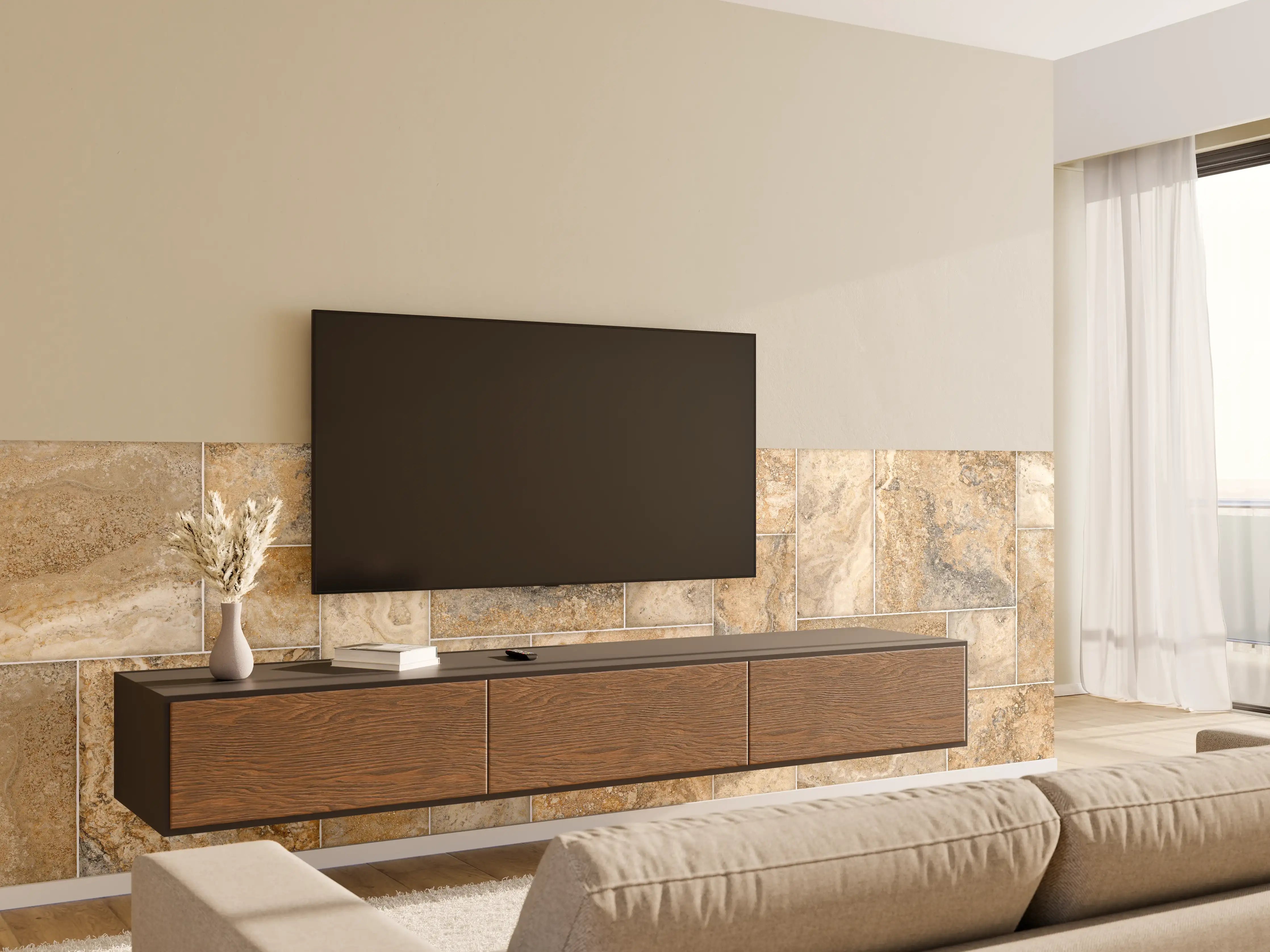 Wandverkleidung Wohnzimmer - Beige Naturstein Wandtextur
