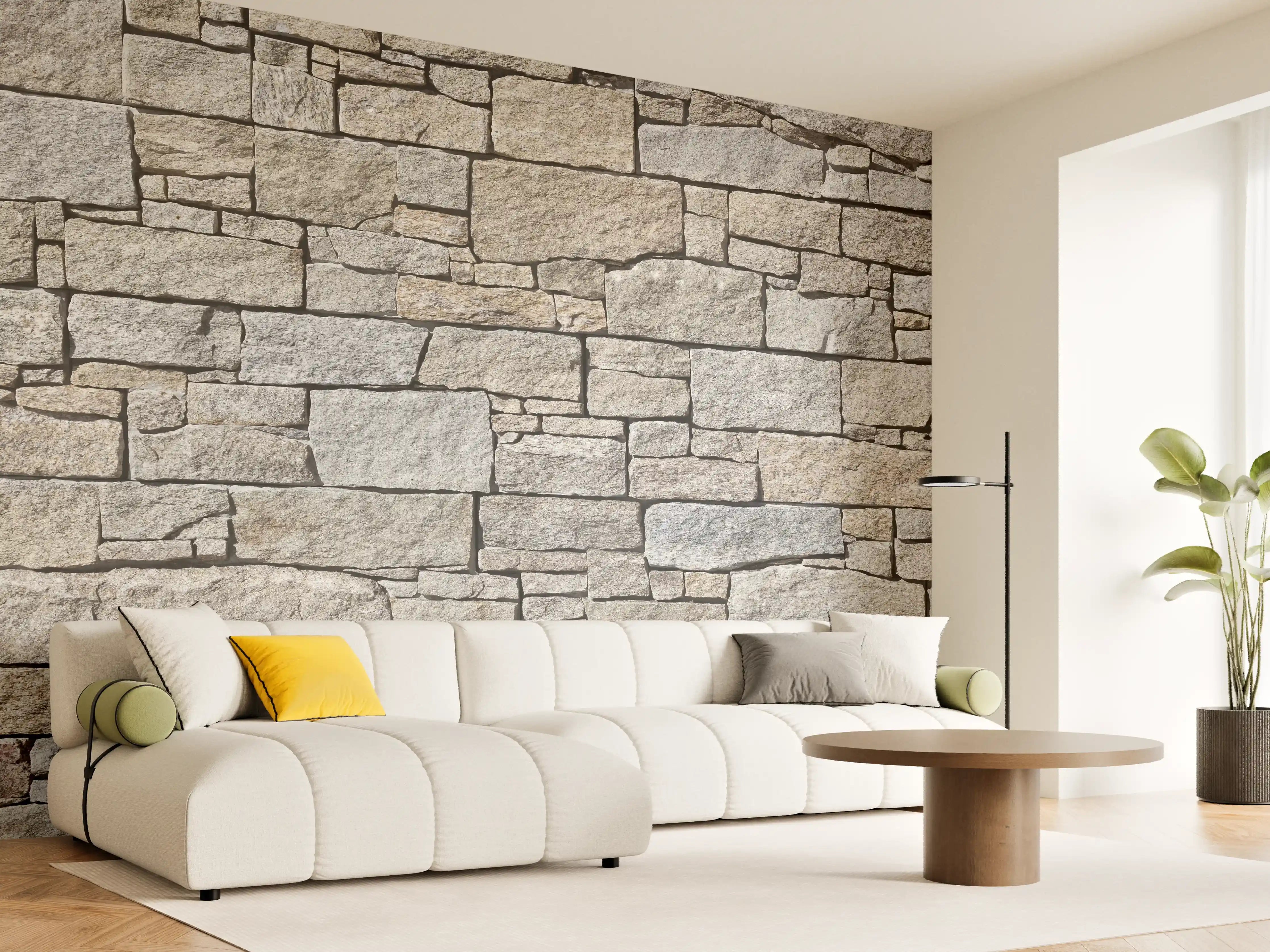 Wandverkleidung Wohnzimmer - Beige Natursteinmauer Struktur