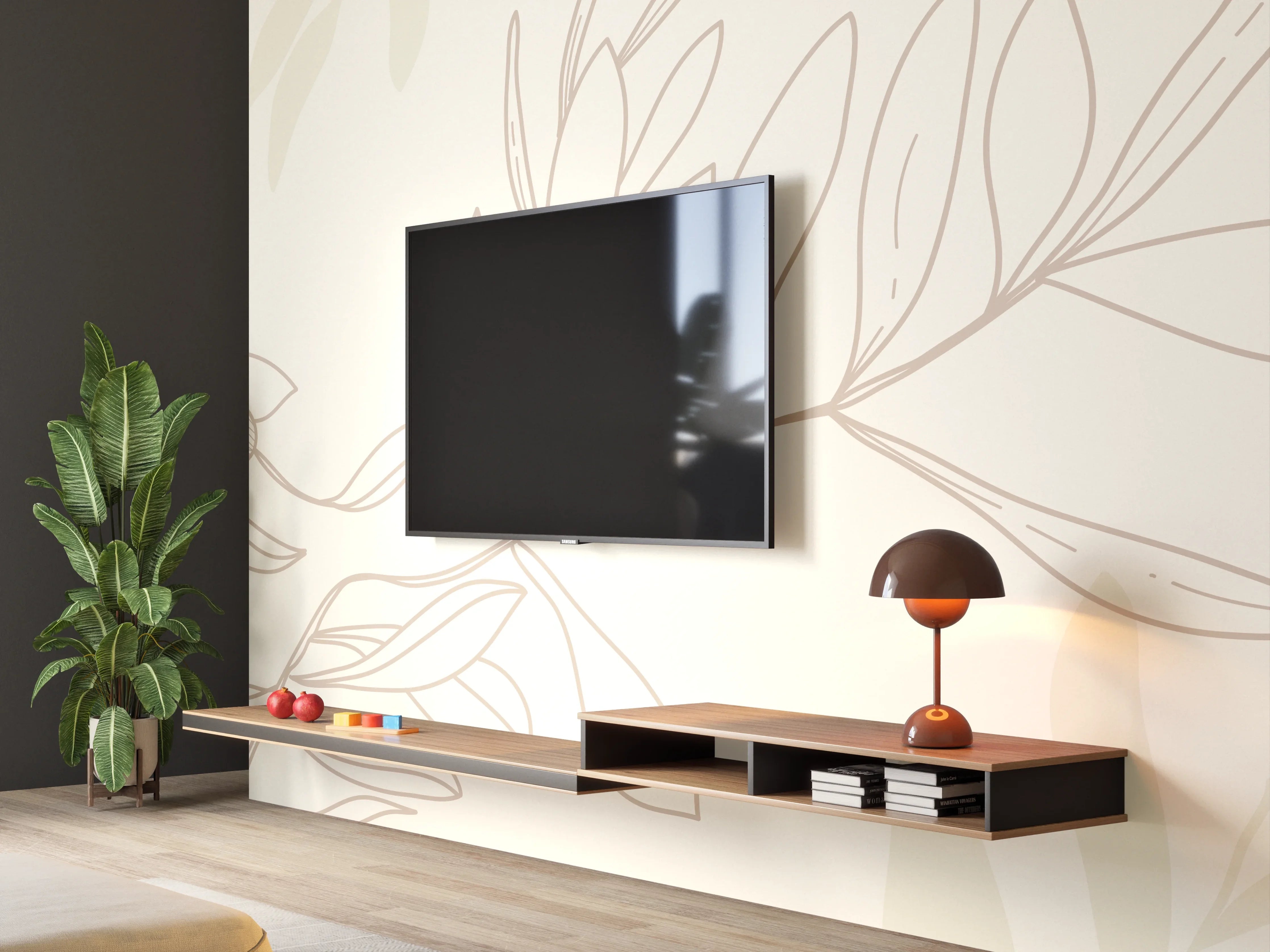Wandverkleidung Wohnzimmer - Beige Pflanzenlinien Muster