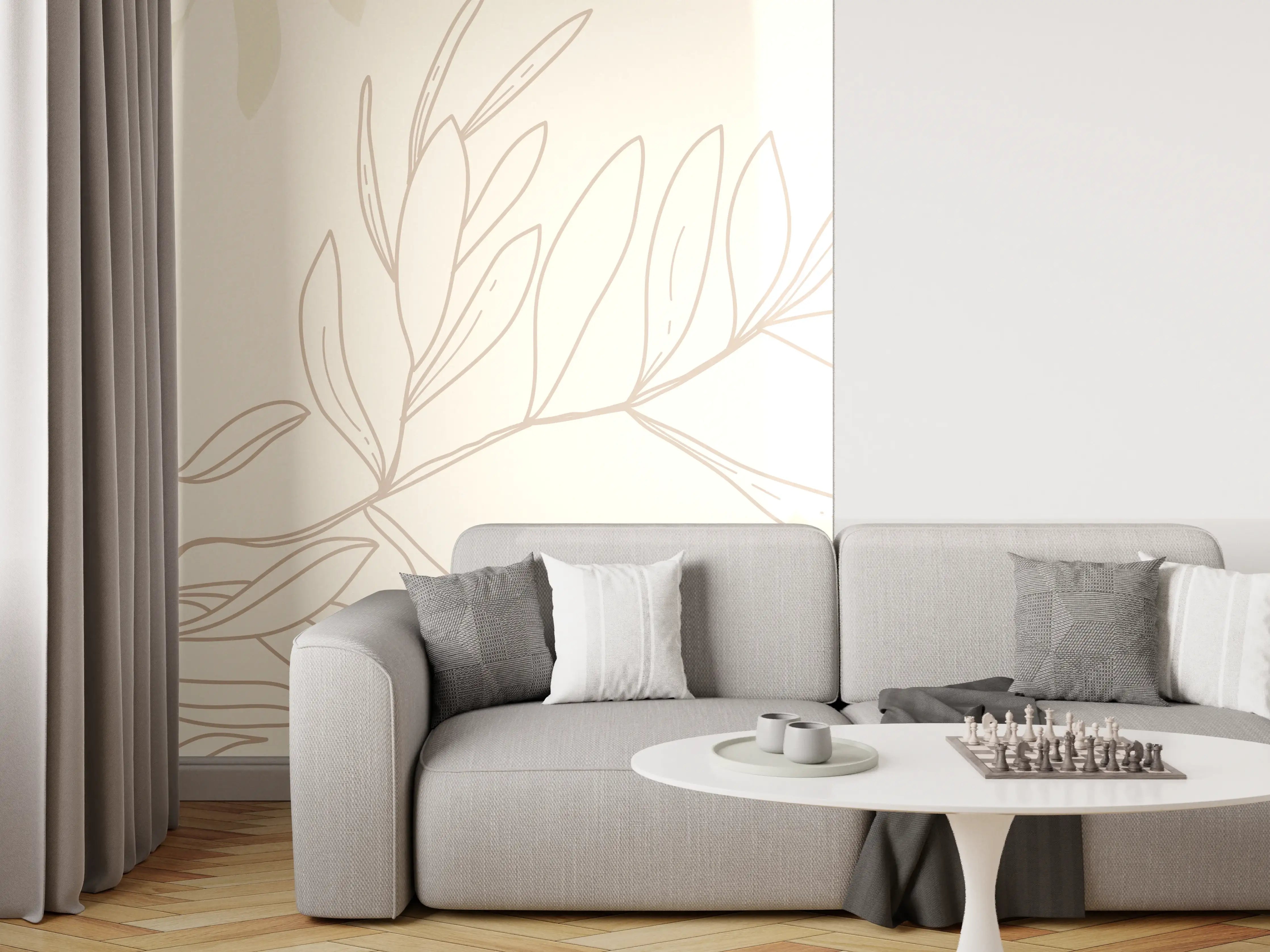 Wandverkleidung Wohnzimmer - Beige Pflanzenlinien Muster
