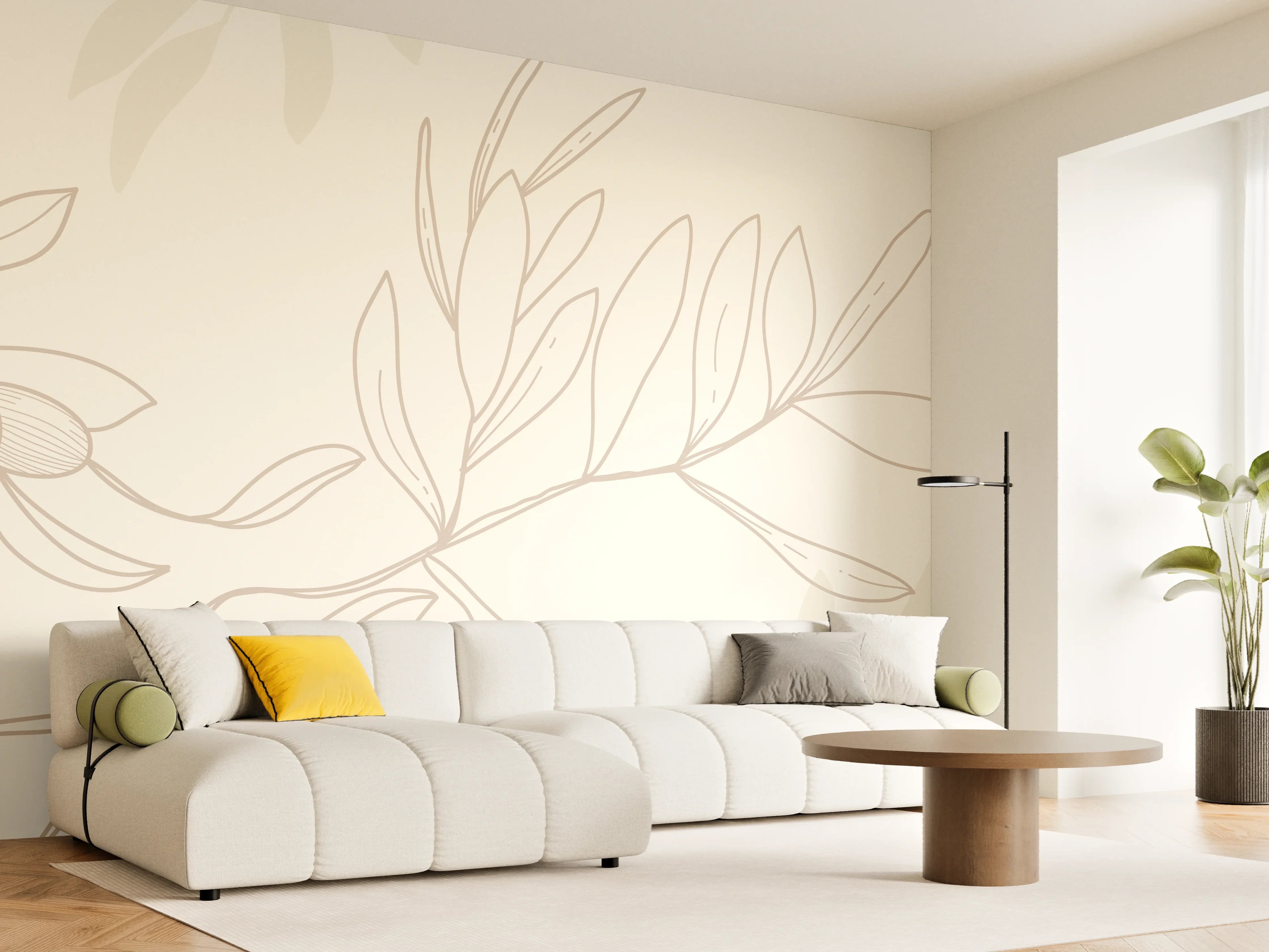 Wandverkleidung Wohnzimmer - Beige Pflanzenlinien Muster