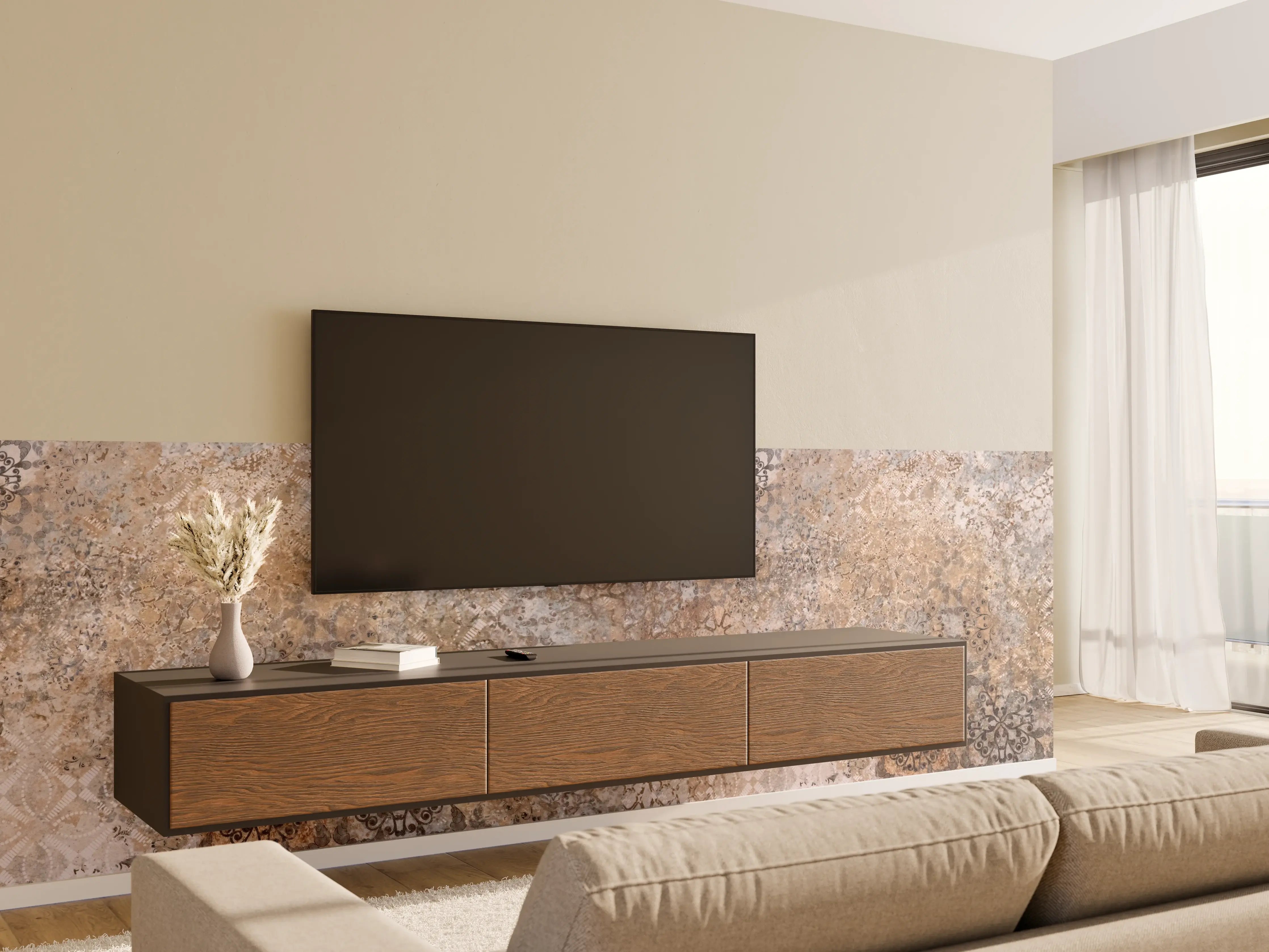 Wandverkleidung Wohnzimmer - Beige Vintage Blumenmuster im Tapeten-Stil