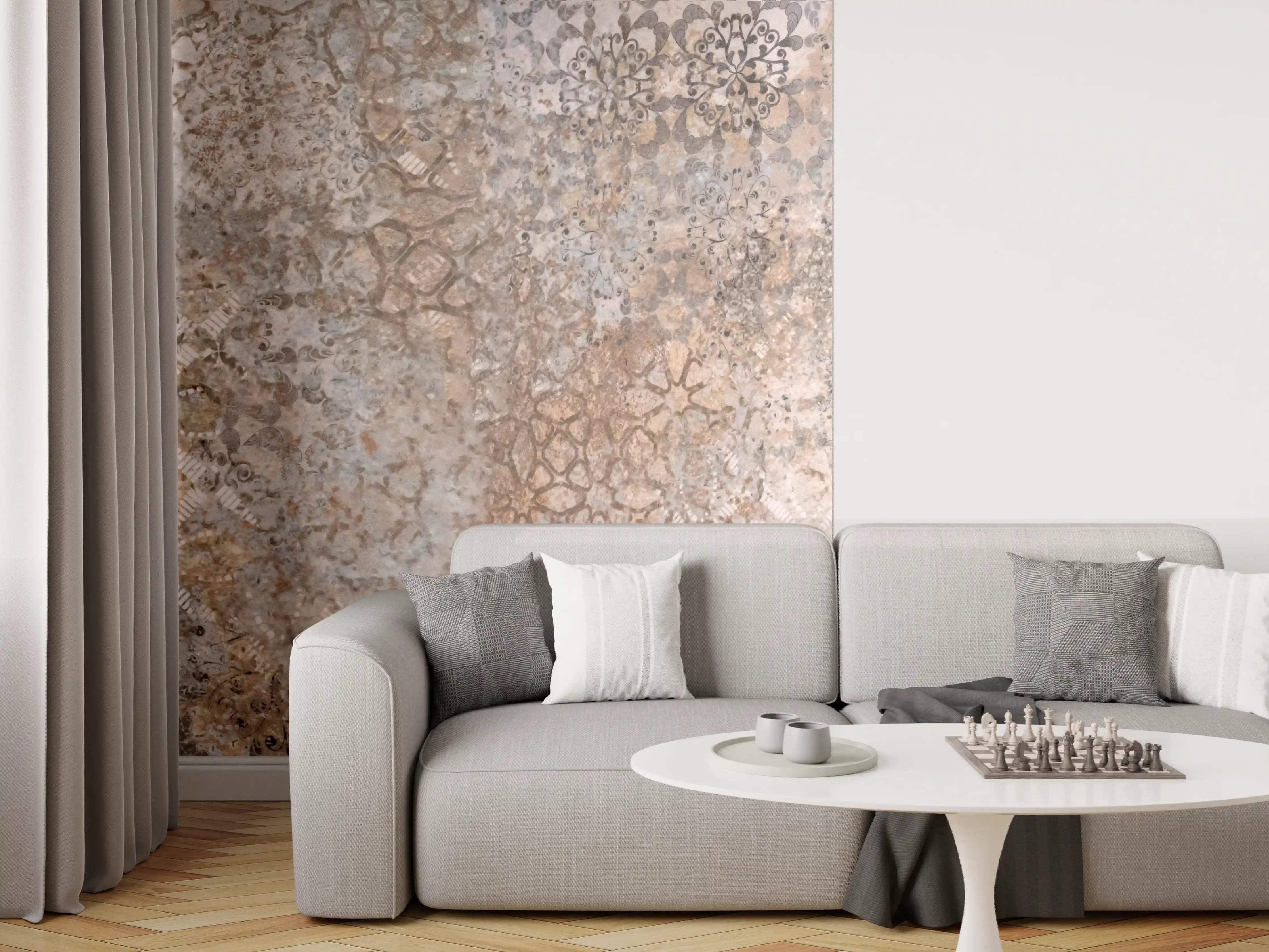 Wandverkleidung Wohnzimmer - Beige Vintage Blumenmuster im Tapeten-Stil