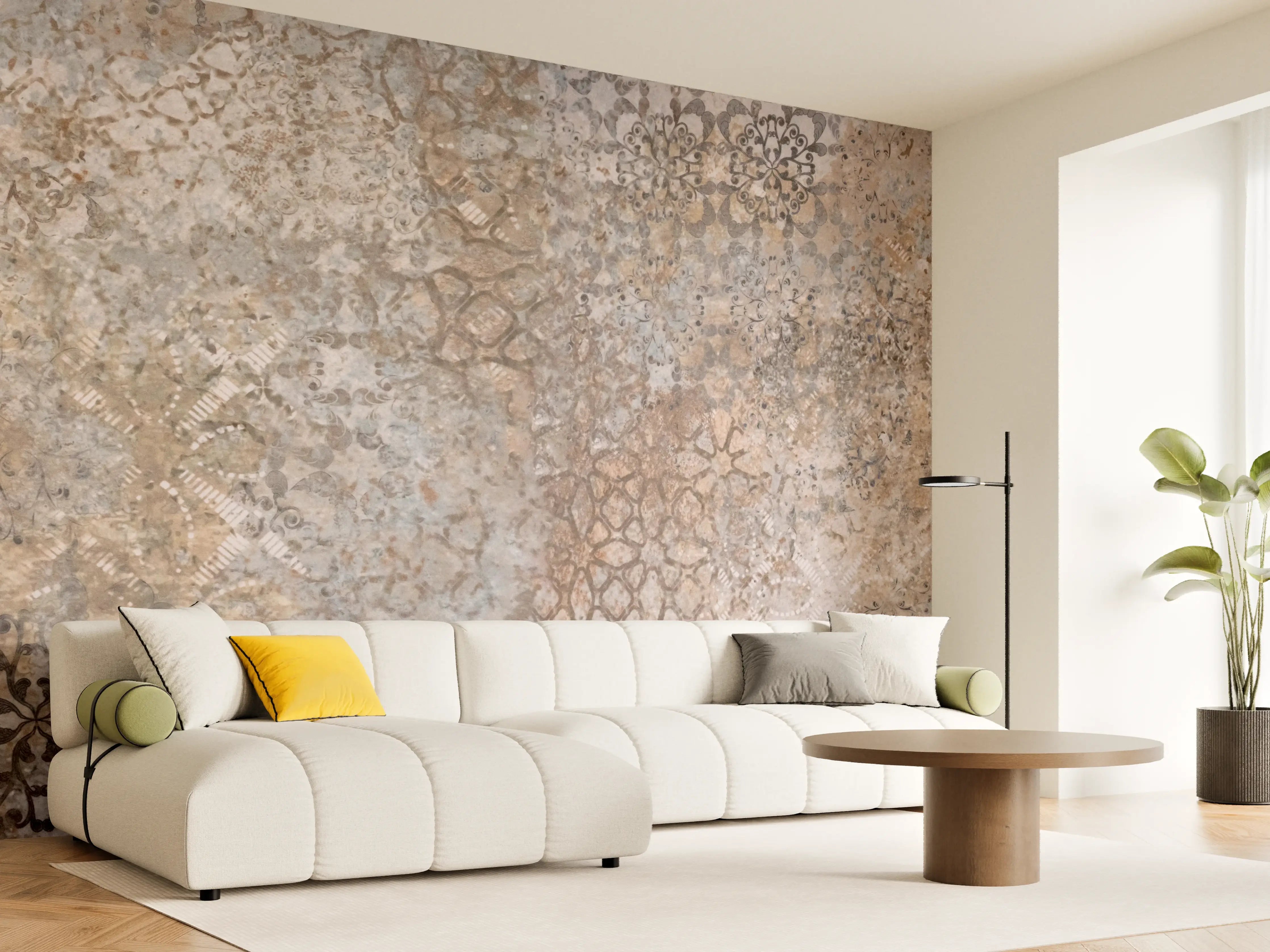 Wandverkleidung Wohnzimmer - Beige Vintage Blumenmuster im Tapeten-Stil