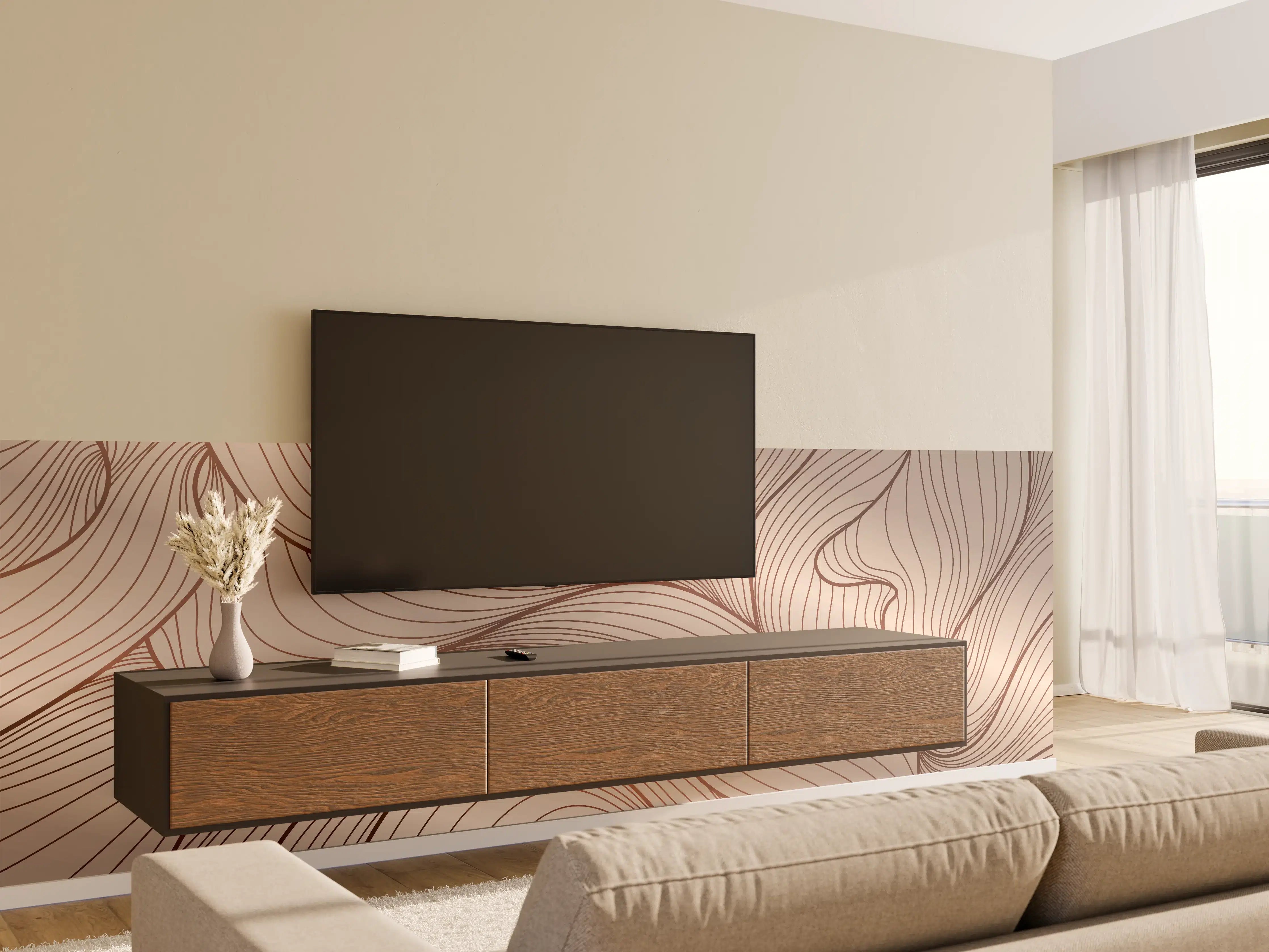 Wandverkleidung Wohnzimmer - Beige Wellenlinien Textur